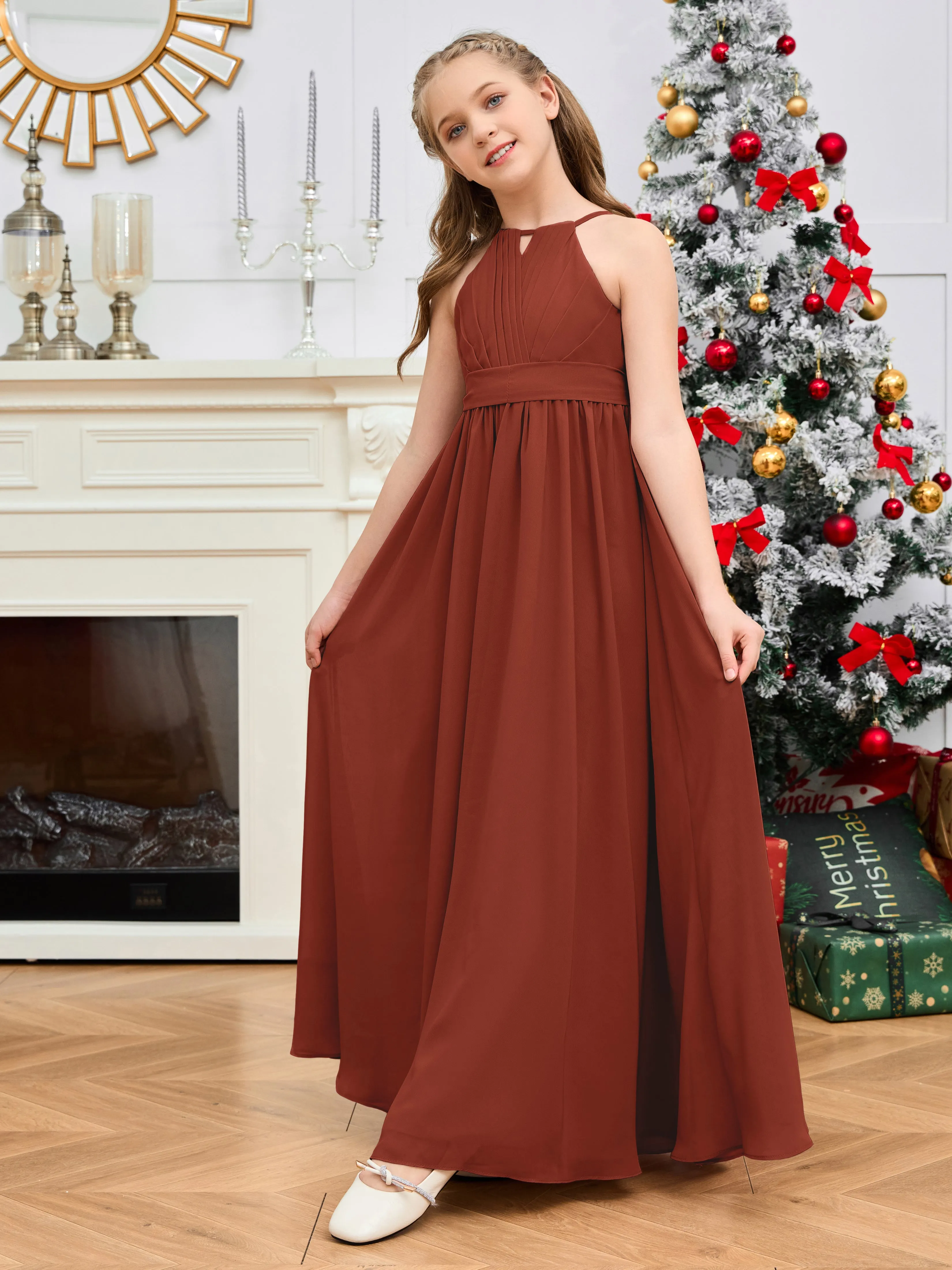 Jewel Zipper Back Long Chiffon Junior Bridesmaid Dress