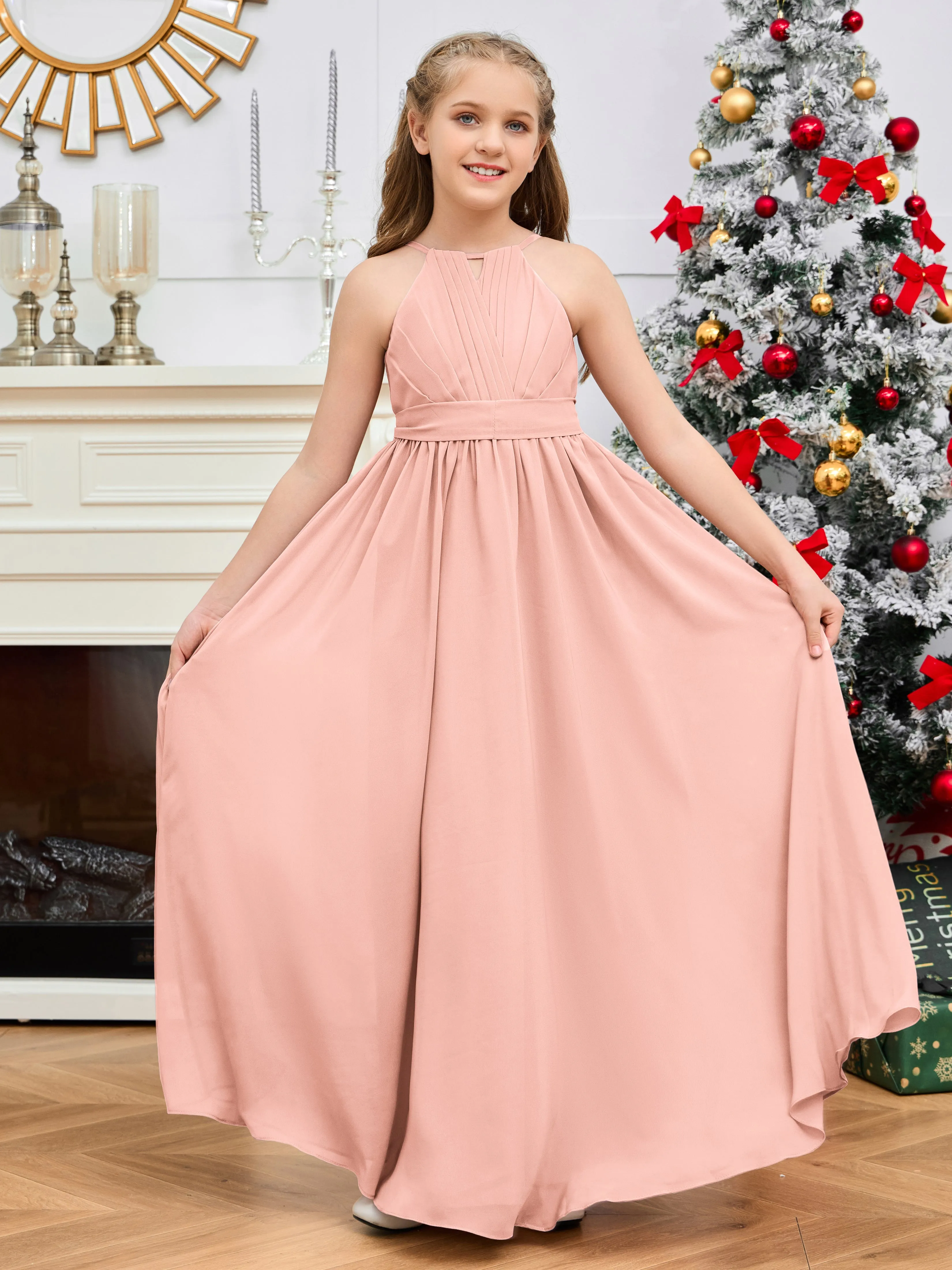 Jewel Zipper Back Long Chiffon Junior Bridesmaid Dress