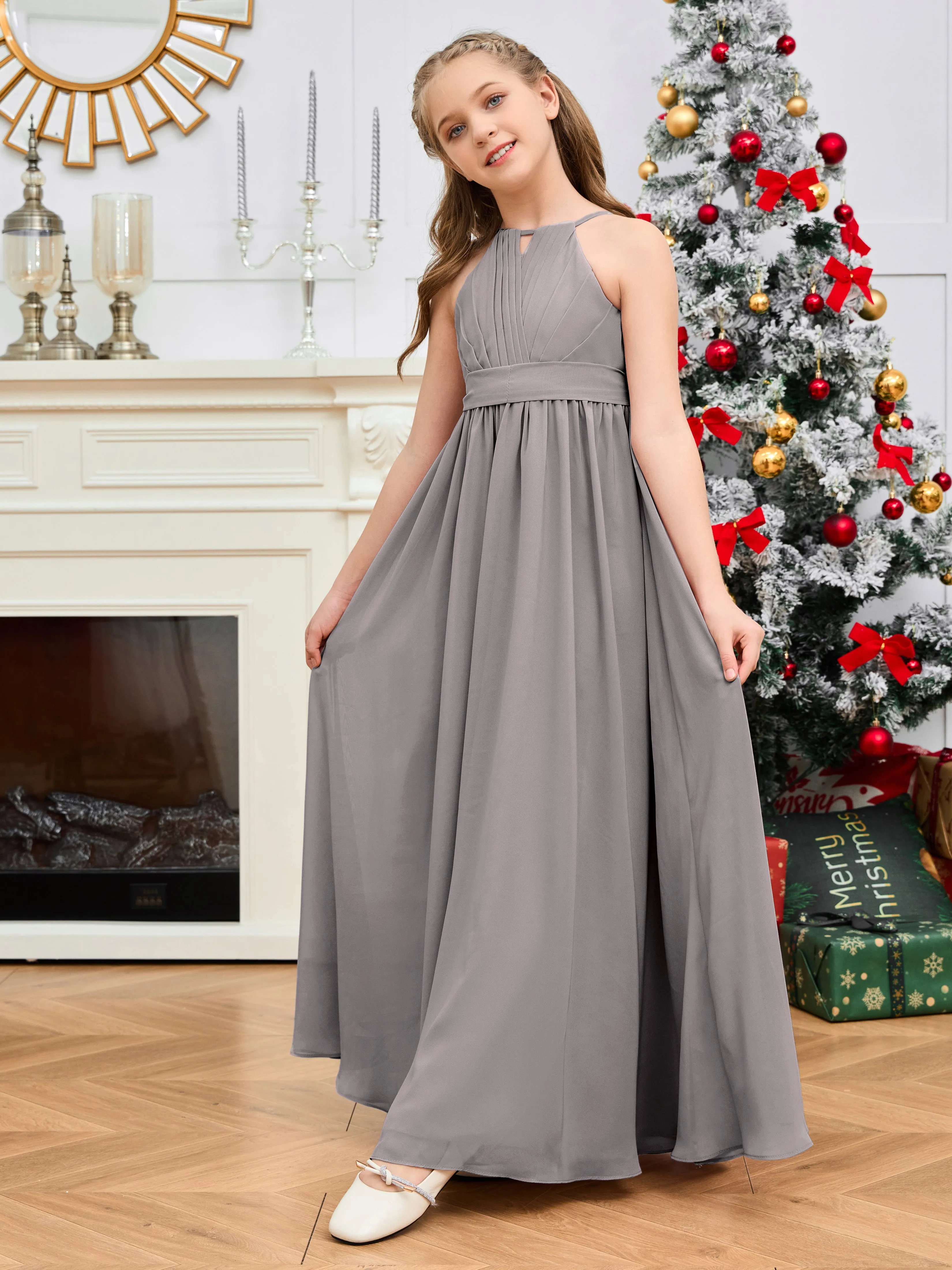 Jewel Zipper Back Long Chiffon Junior Bridesmaid Dress