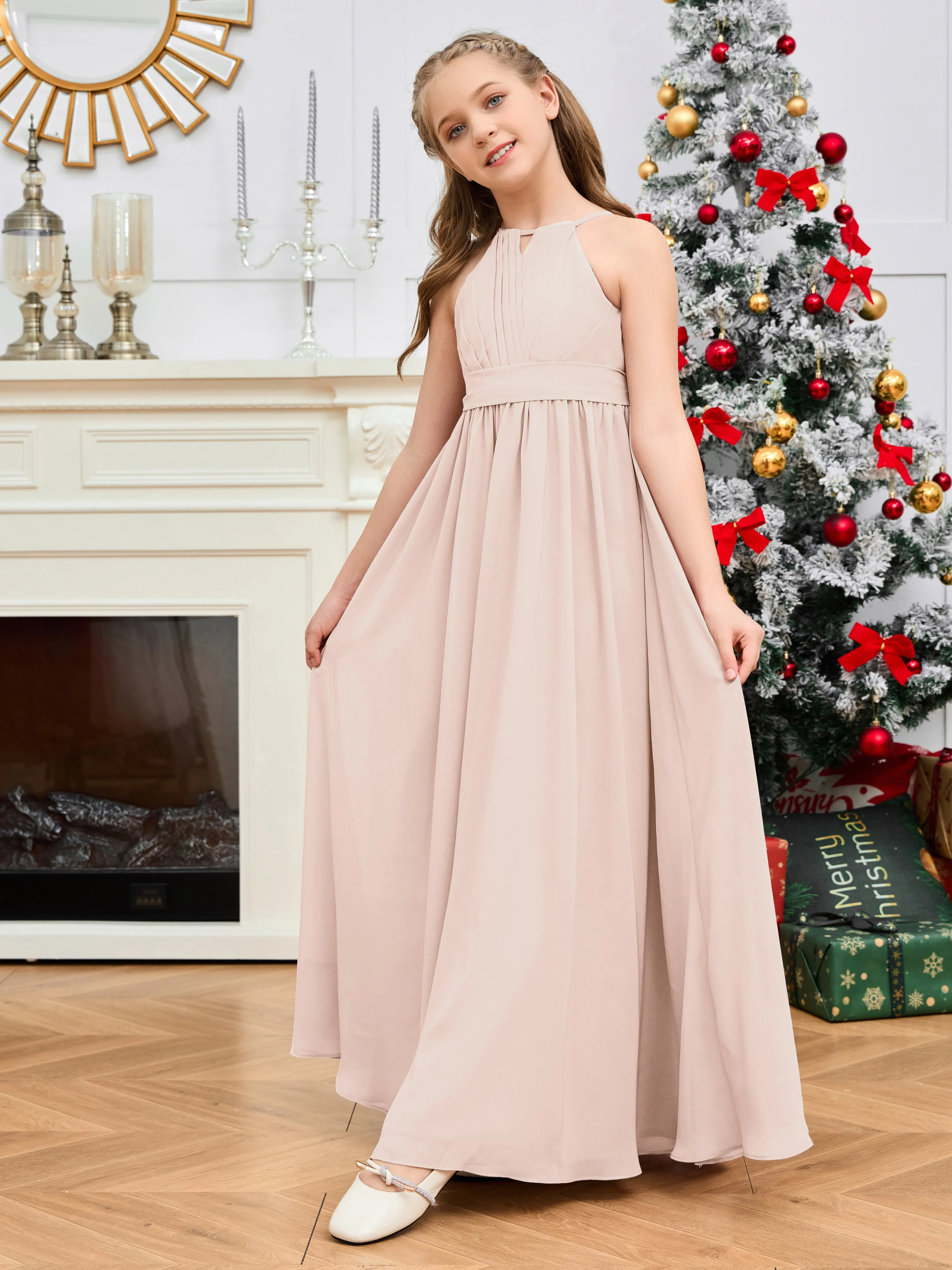 Jewel Zipper Back Long Chiffon Junior Bridesmaid Dress