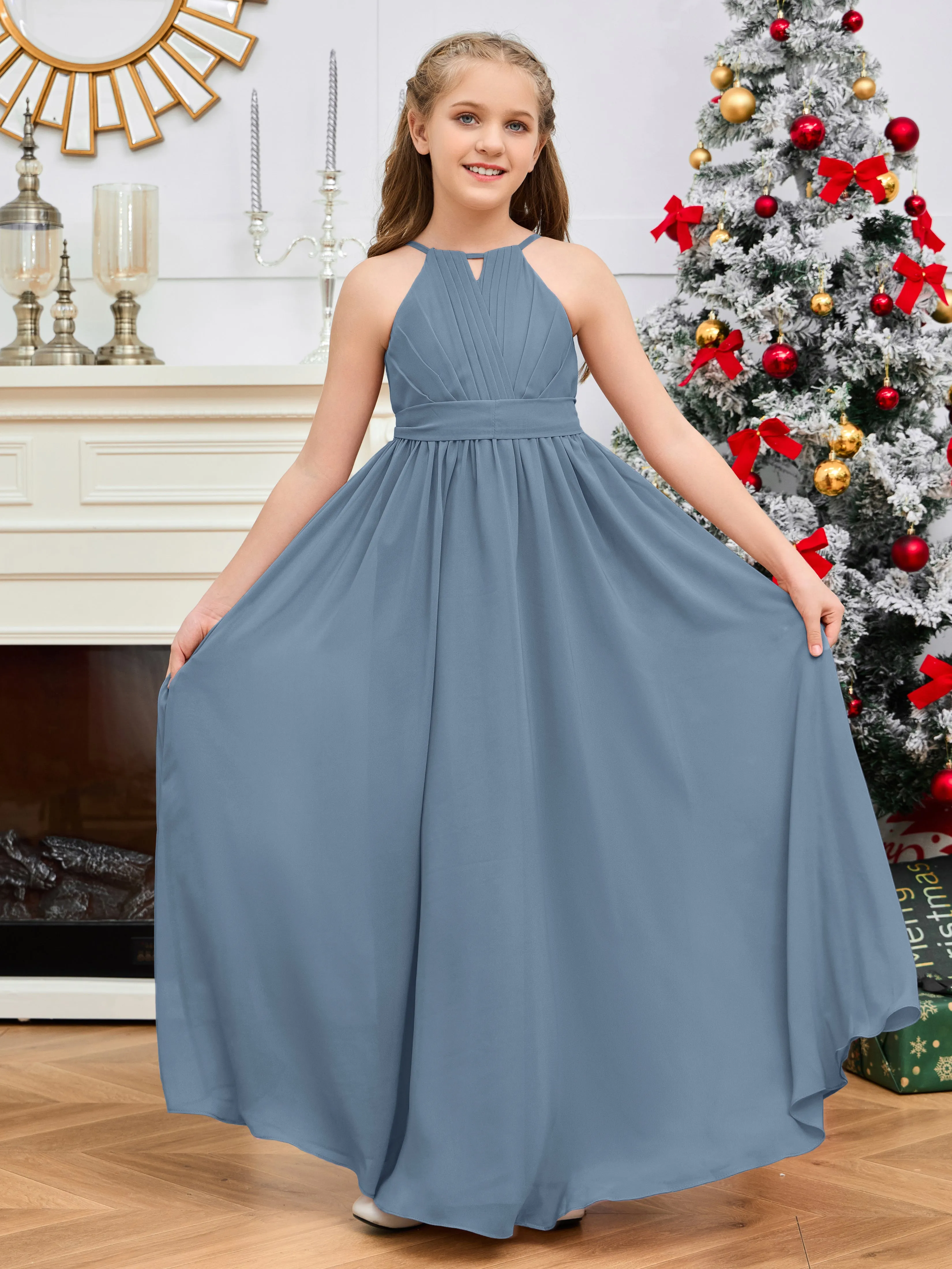 Jewel Zipper Back Long Chiffon Junior Bridesmaid Dress