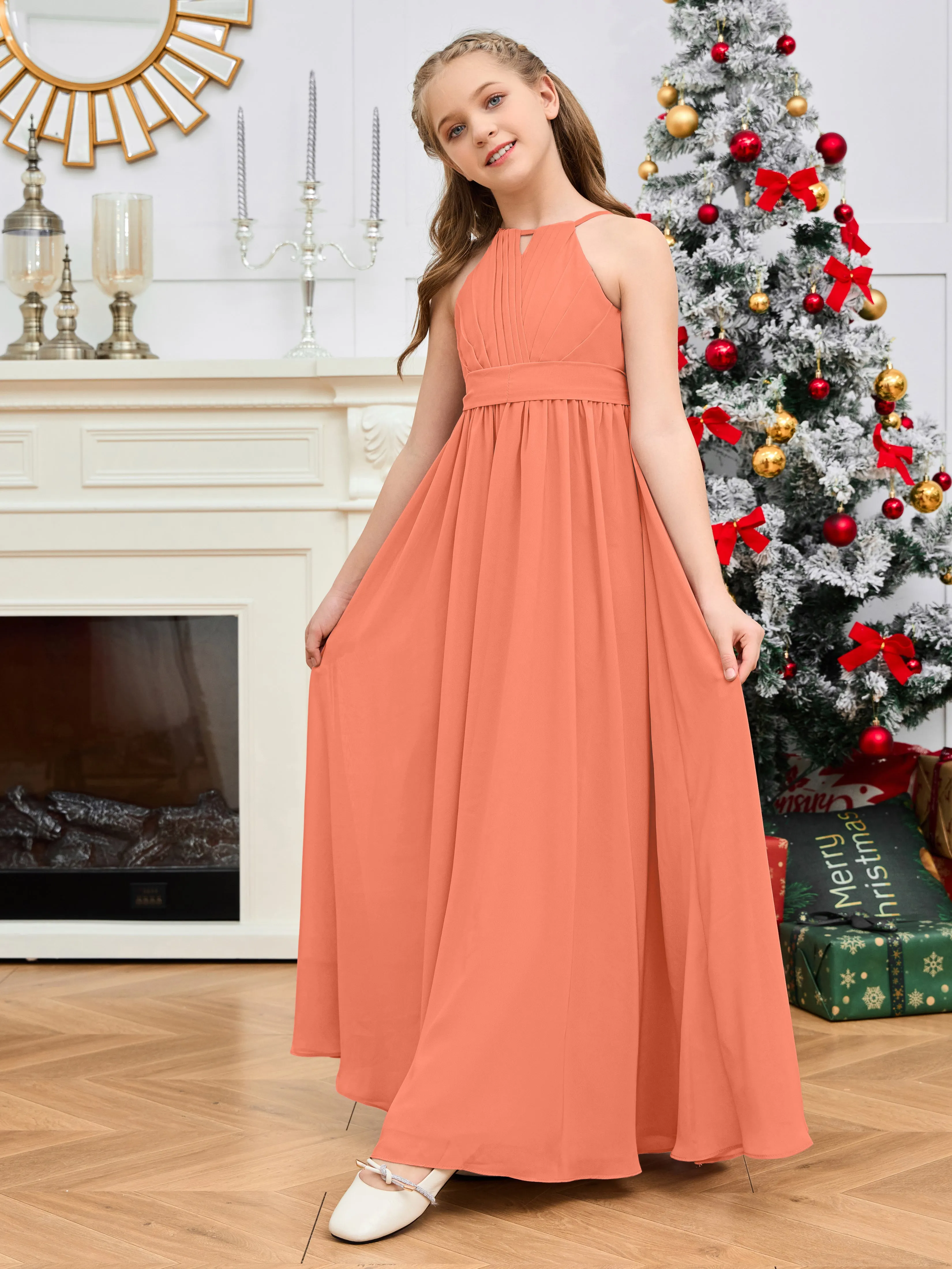 Jewel Zipper Back Long Chiffon Junior Bridesmaid Dress