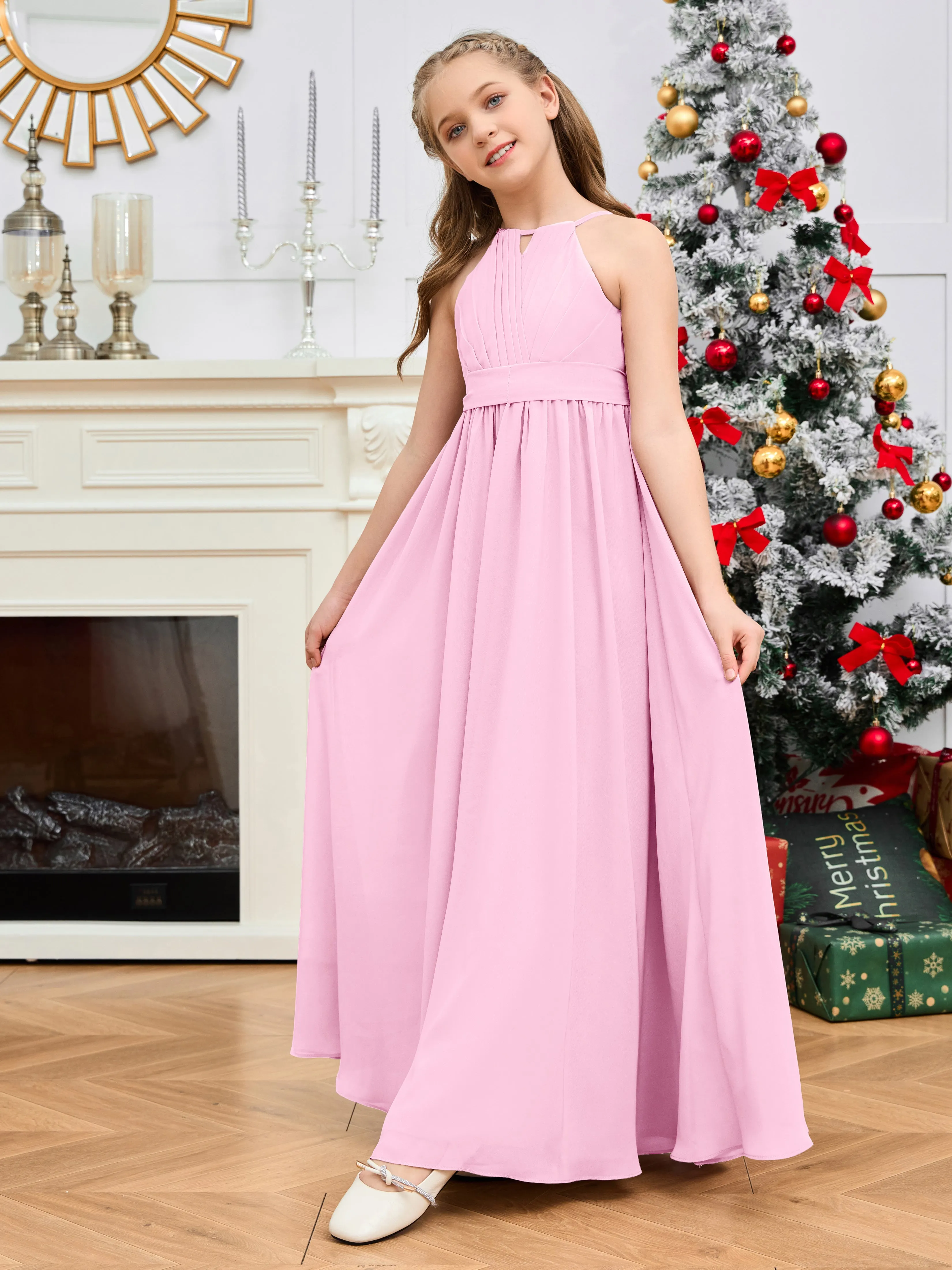 Jewel Zipper Back Long Chiffon Junior Bridesmaid Dress