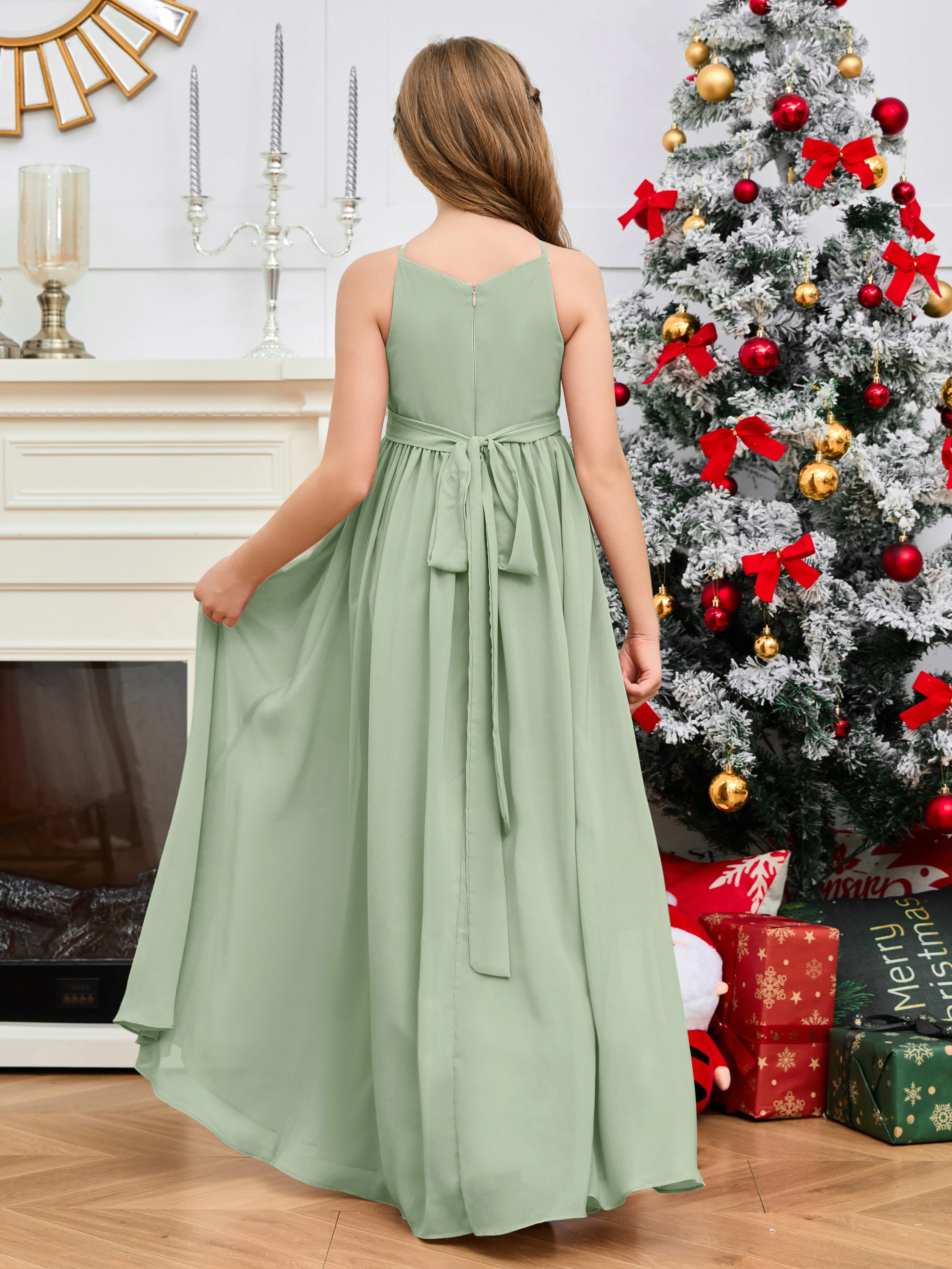 Jewel Zipper Back Long Chiffon Junior Bridesmaid Dress