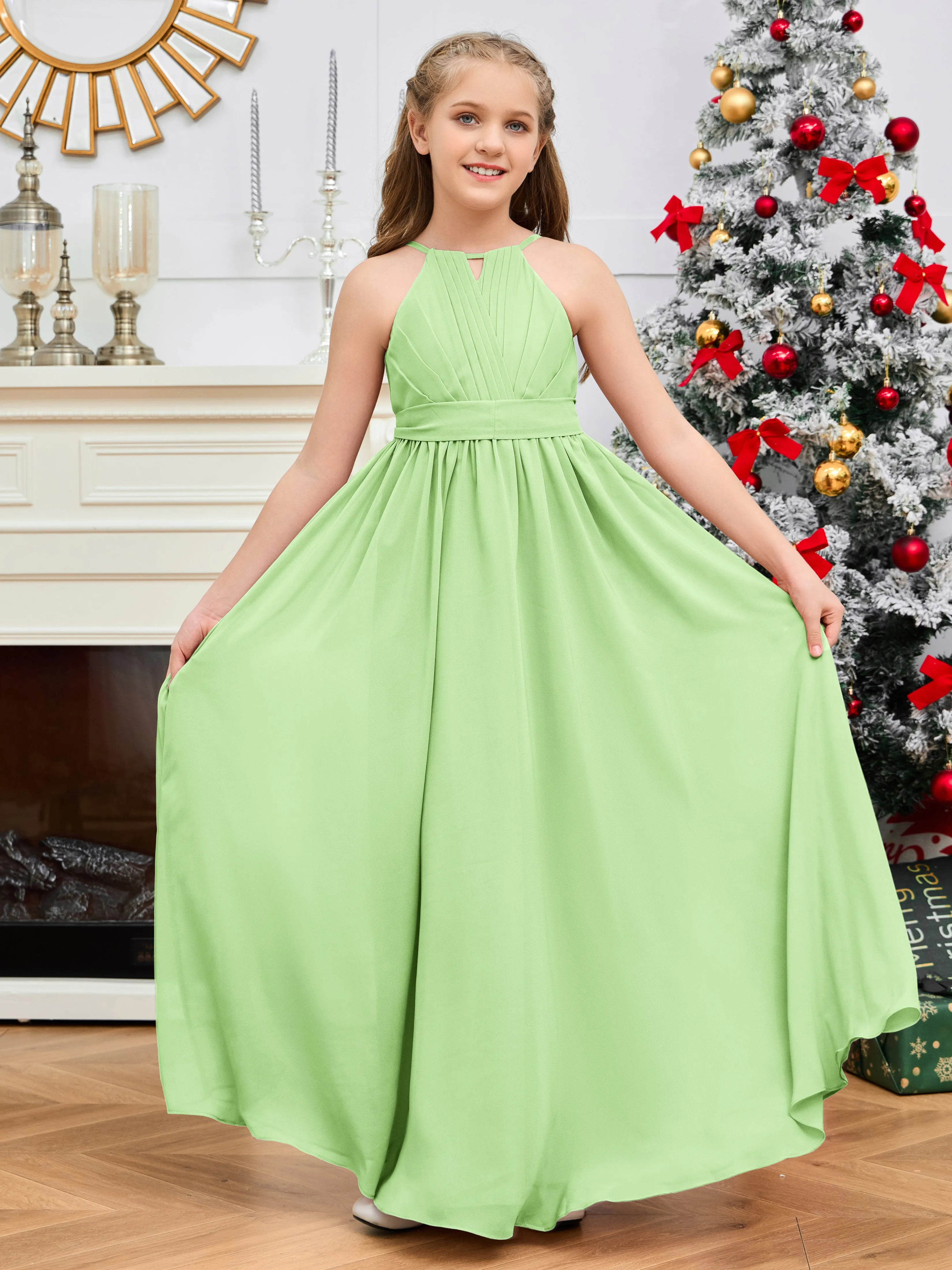 Jewel Zipper Back Long Chiffon Junior Bridesmaid Dress