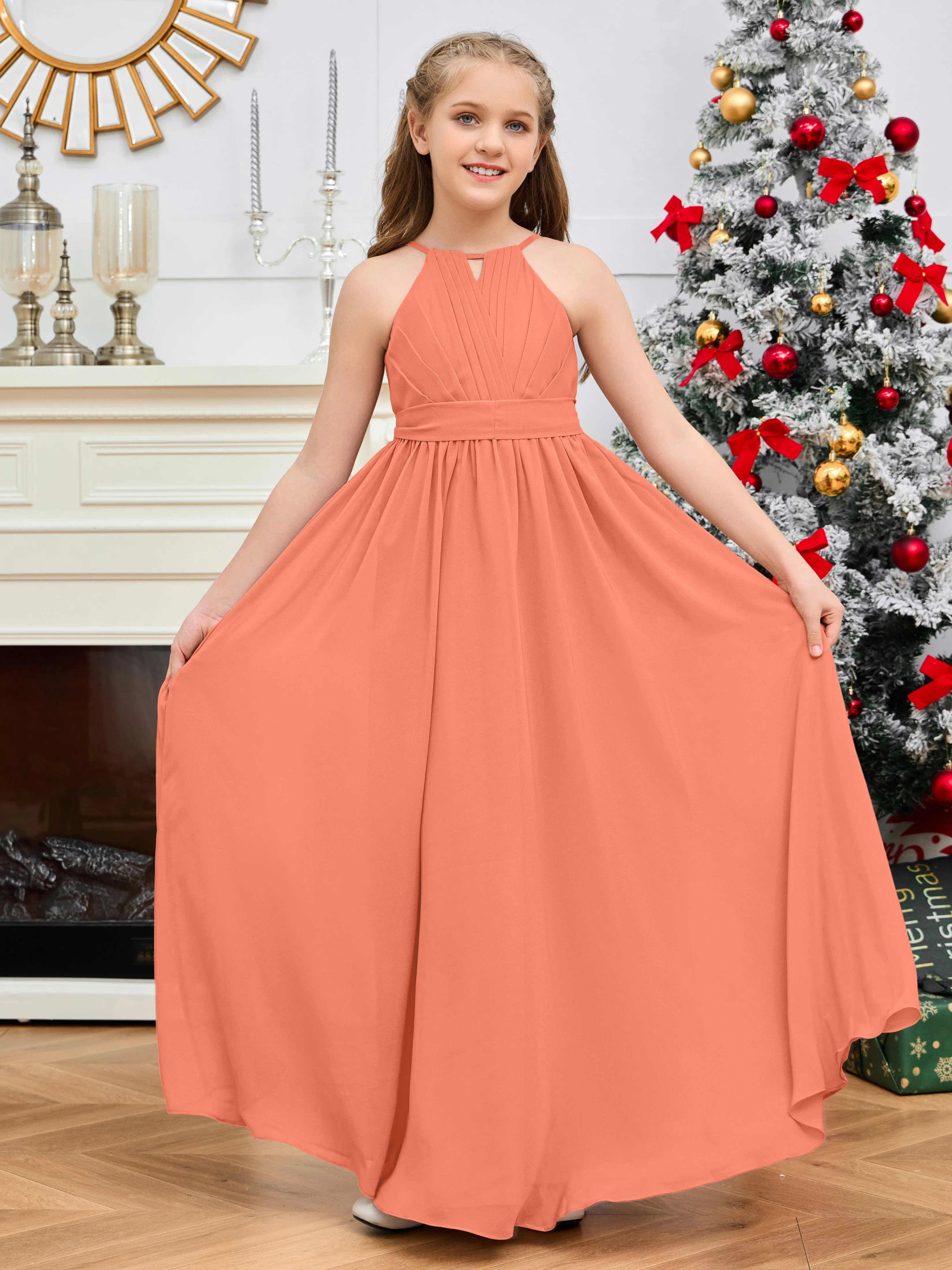 Jewel Zipper Back Long Chiffon Junior Bridesmaid Dress