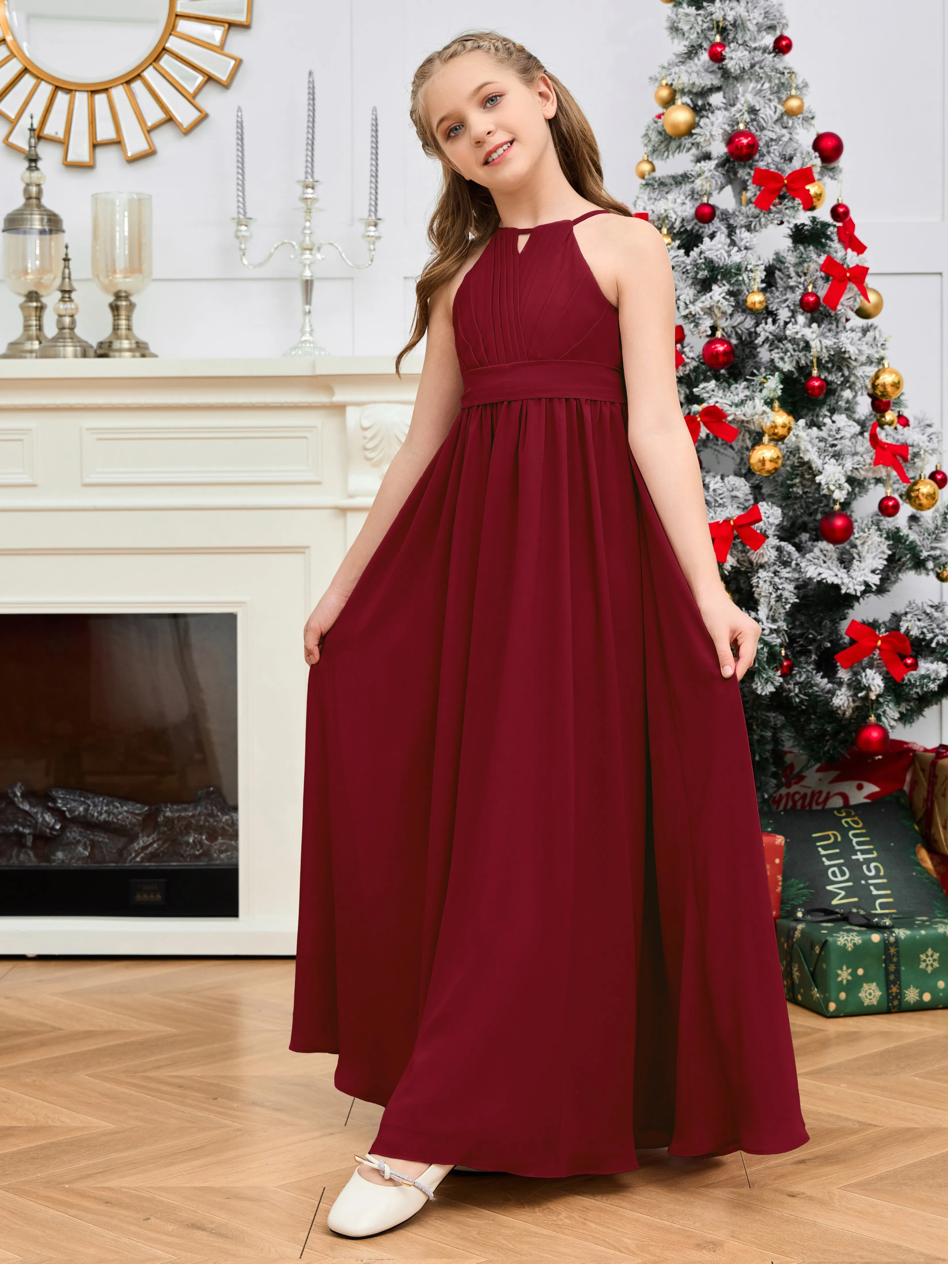 Jewel Zipper Back Long Chiffon Junior Bridesmaid Dress