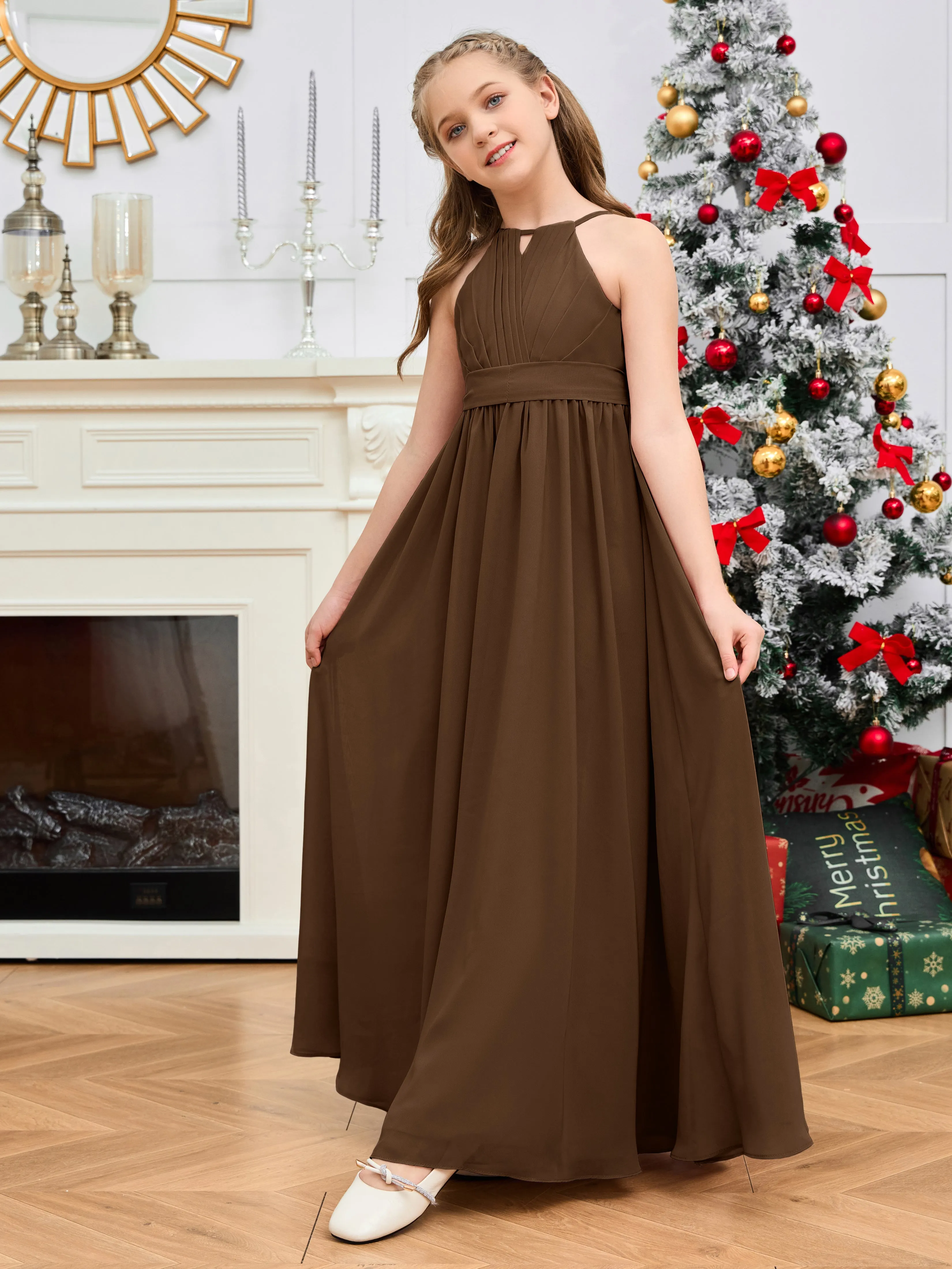 Jewel Zipper Back Long Chiffon Junior Bridesmaid Dress