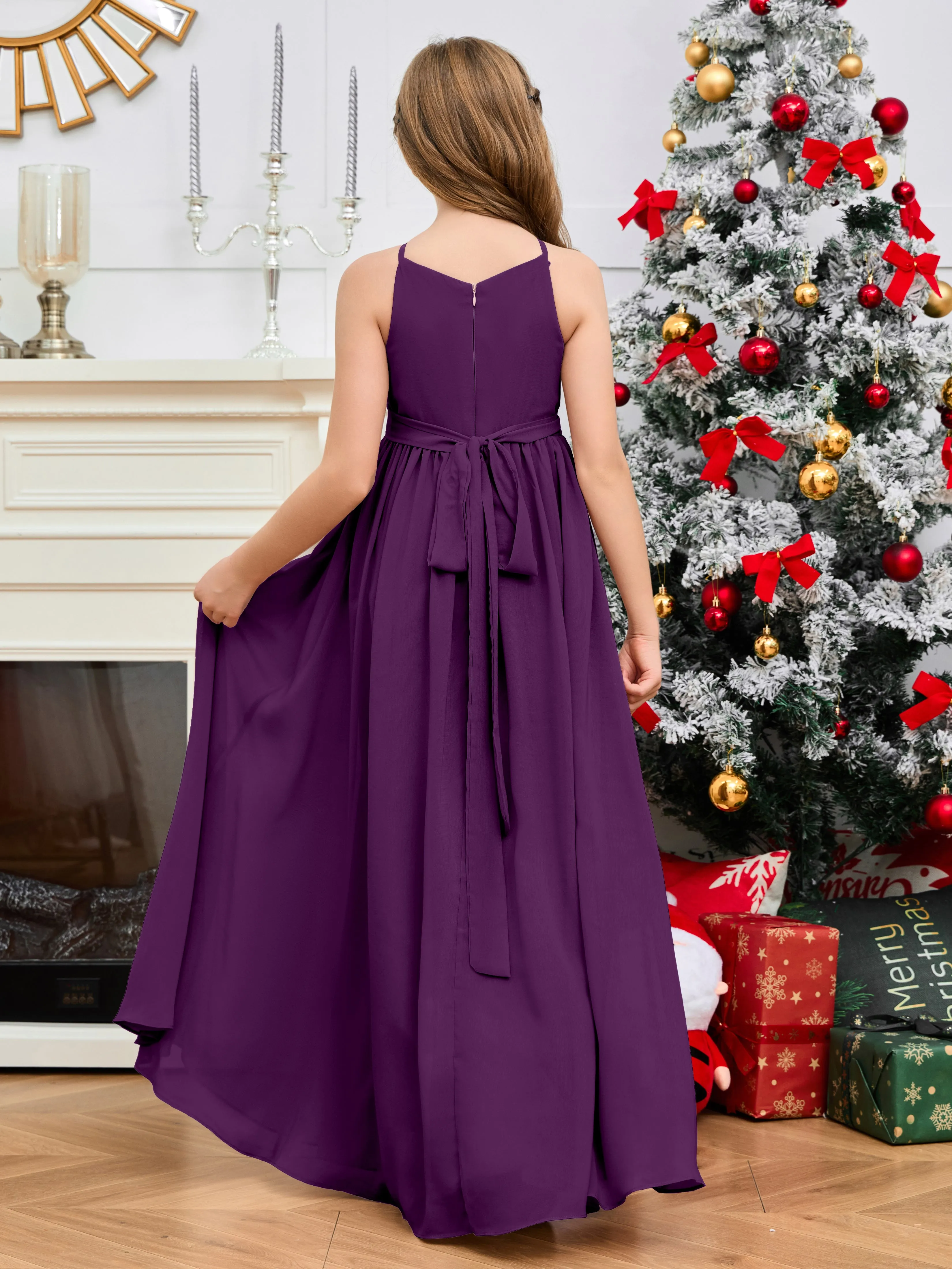 Jewel Zipper Back Long Chiffon Junior Bridesmaid Dress