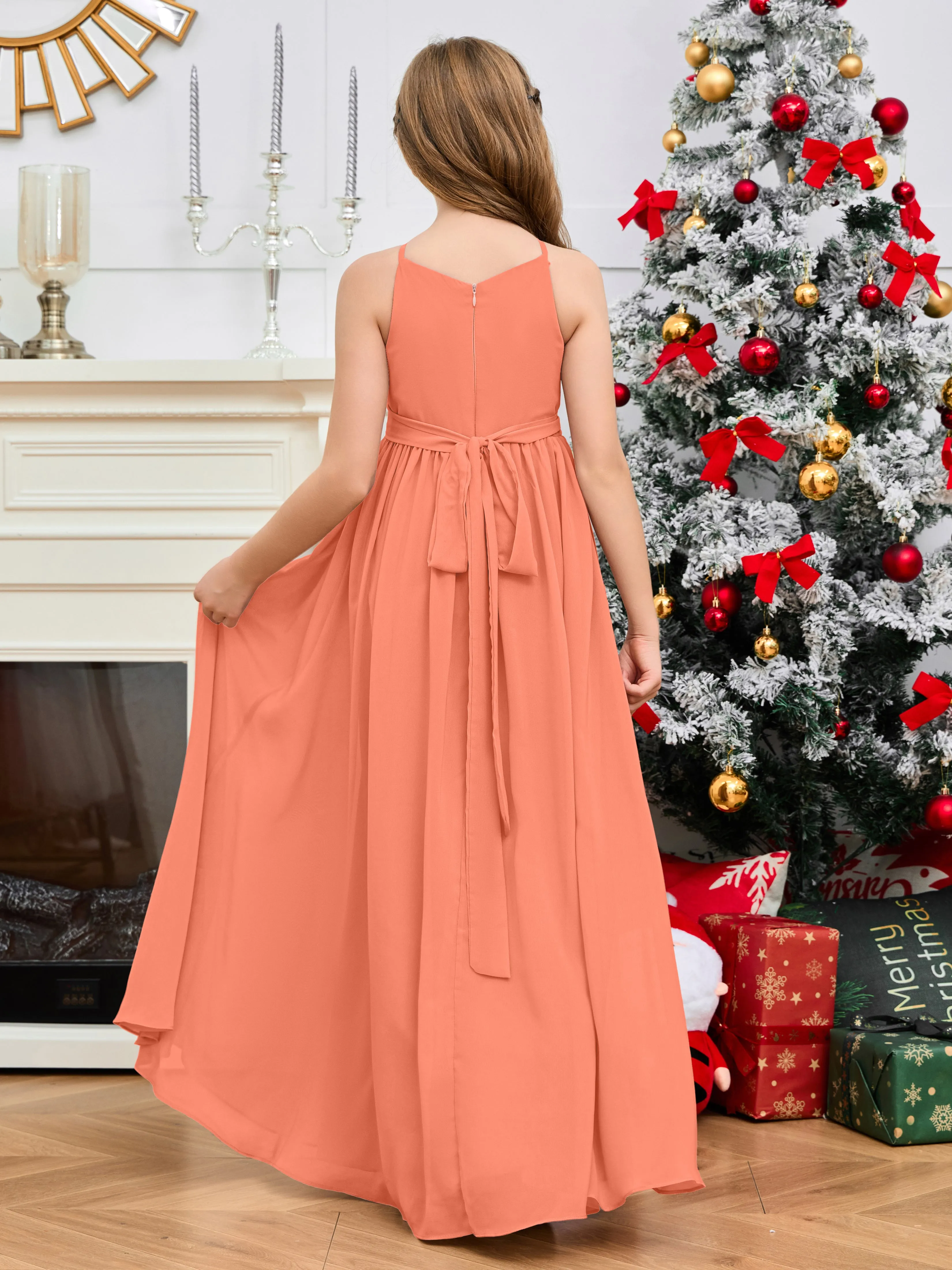 Jewel Zipper Back Long Chiffon Junior Bridesmaid Dress