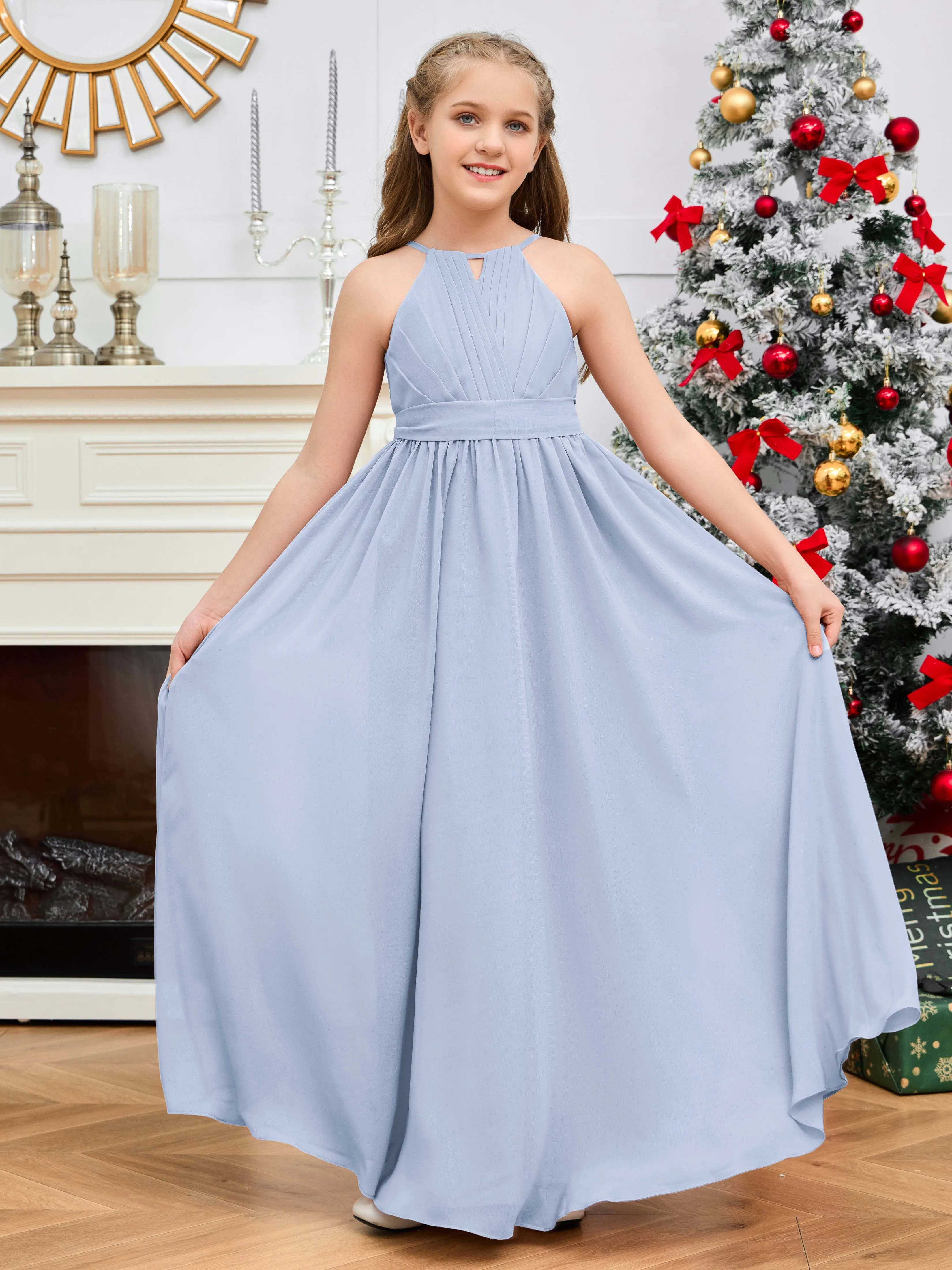 Jewel Zipper Back Long Chiffon Junior Bridesmaid Dress