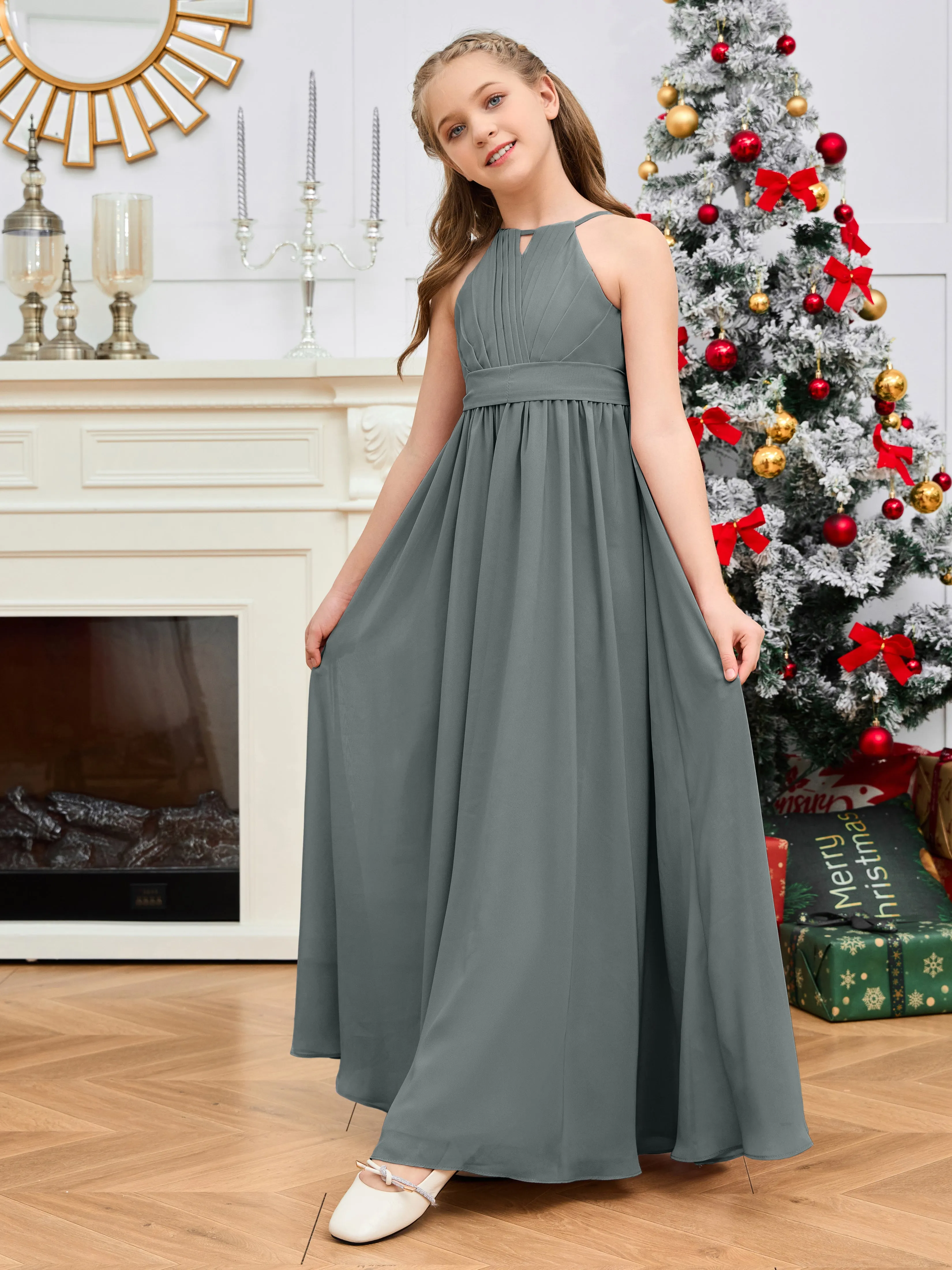 Jewel Zipper Back Long Chiffon Junior Bridesmaid Dress