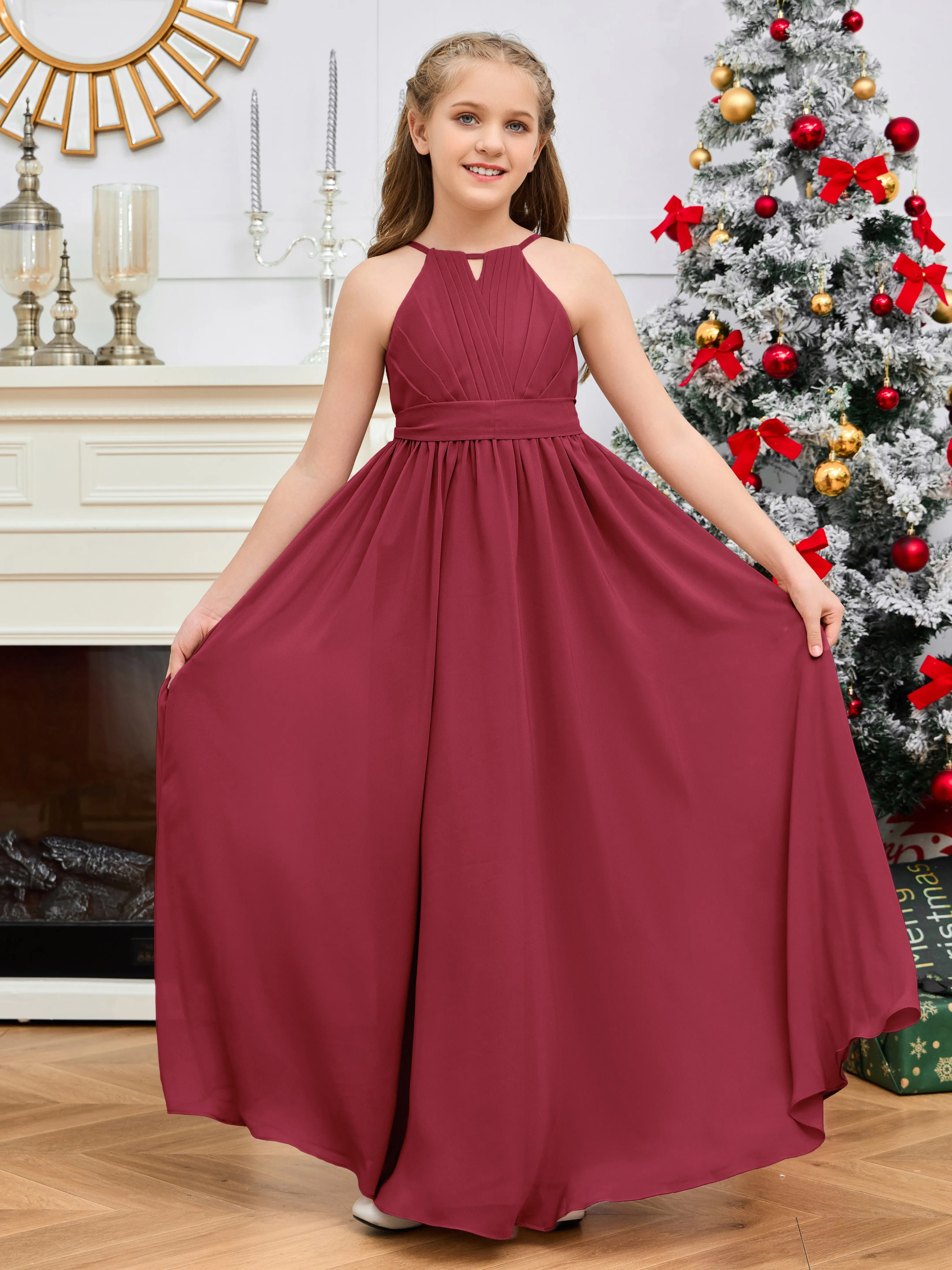 Jewel Zipper Back Long Chiffon Junior Bridesmaid Dress