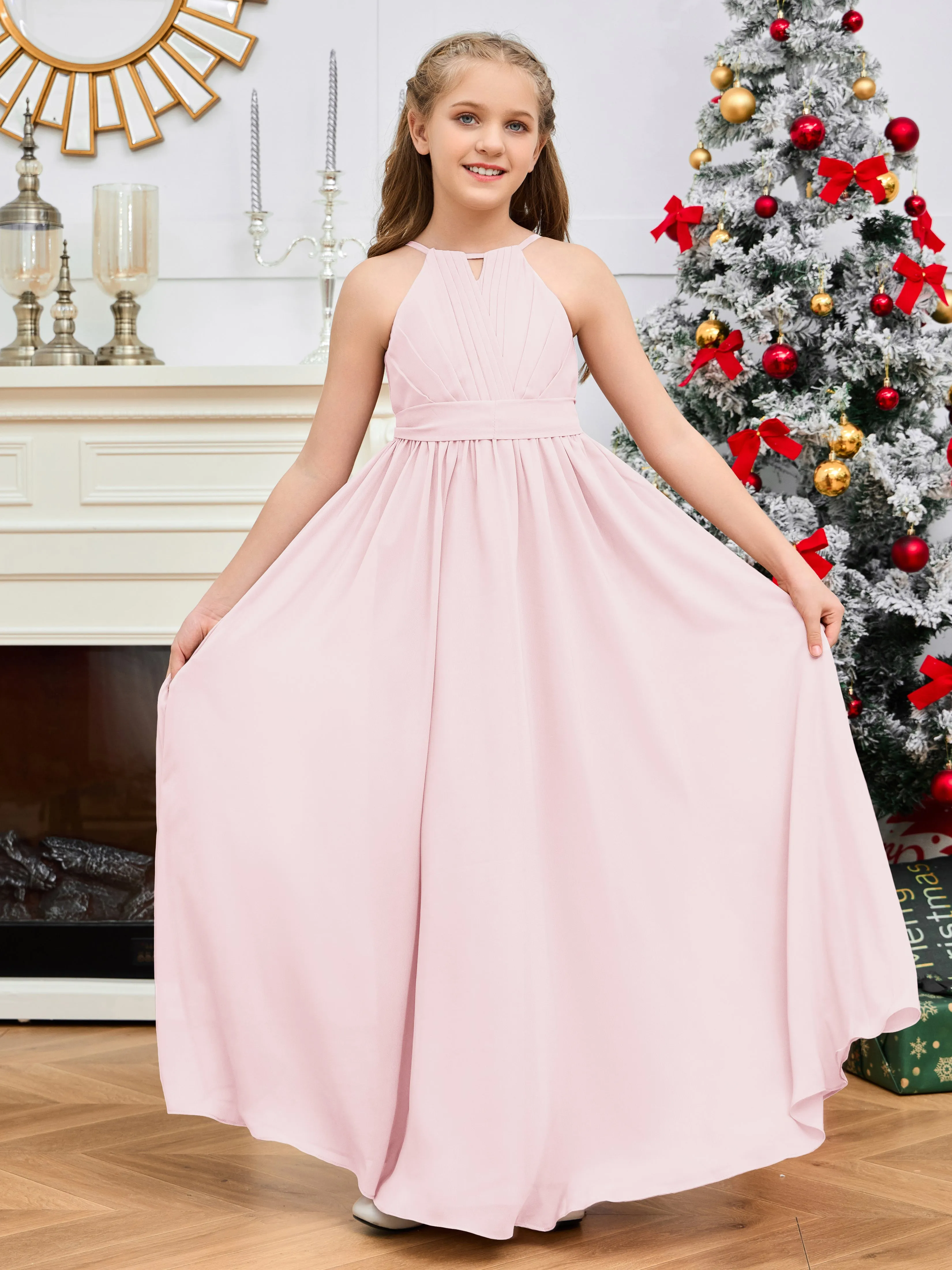 Jewel Zipper Back Long Chiffon Junior Bridesmaid Dress