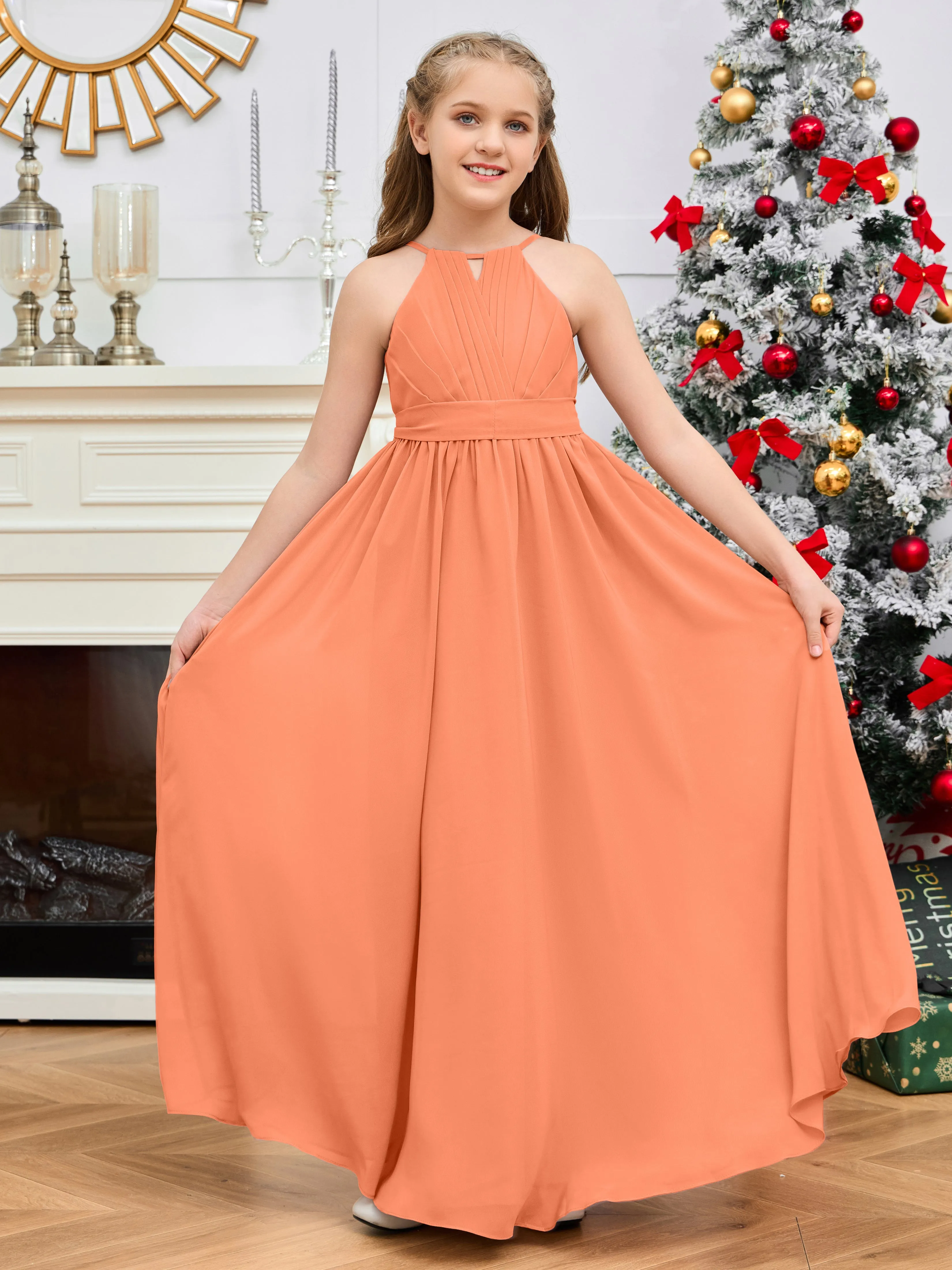 Jewel Zipper Back Long Chiffon Junior Bridesmaid Dress