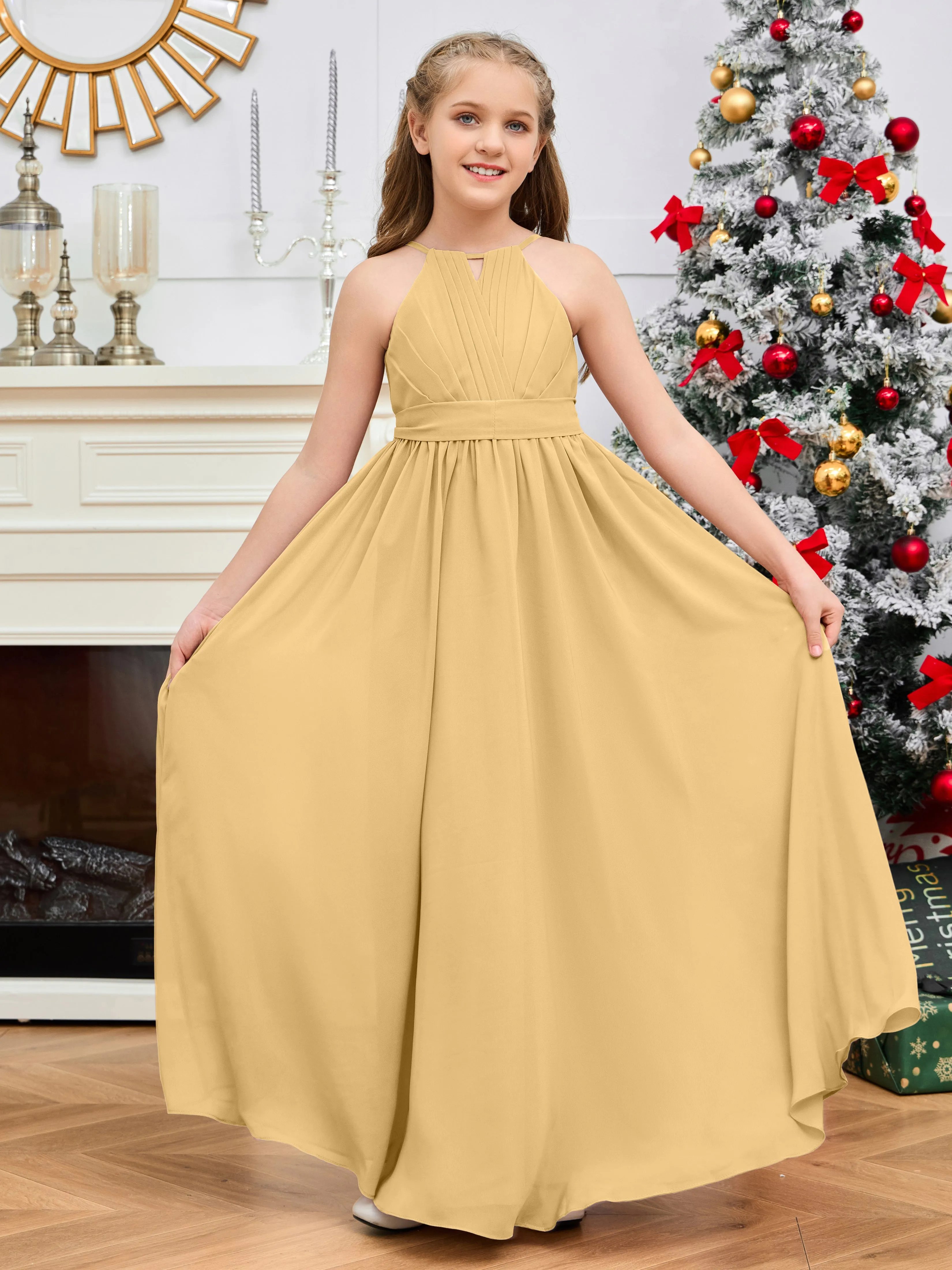 Jewel Zipper Back Long Chiffon Junior Bridesmaid Dress