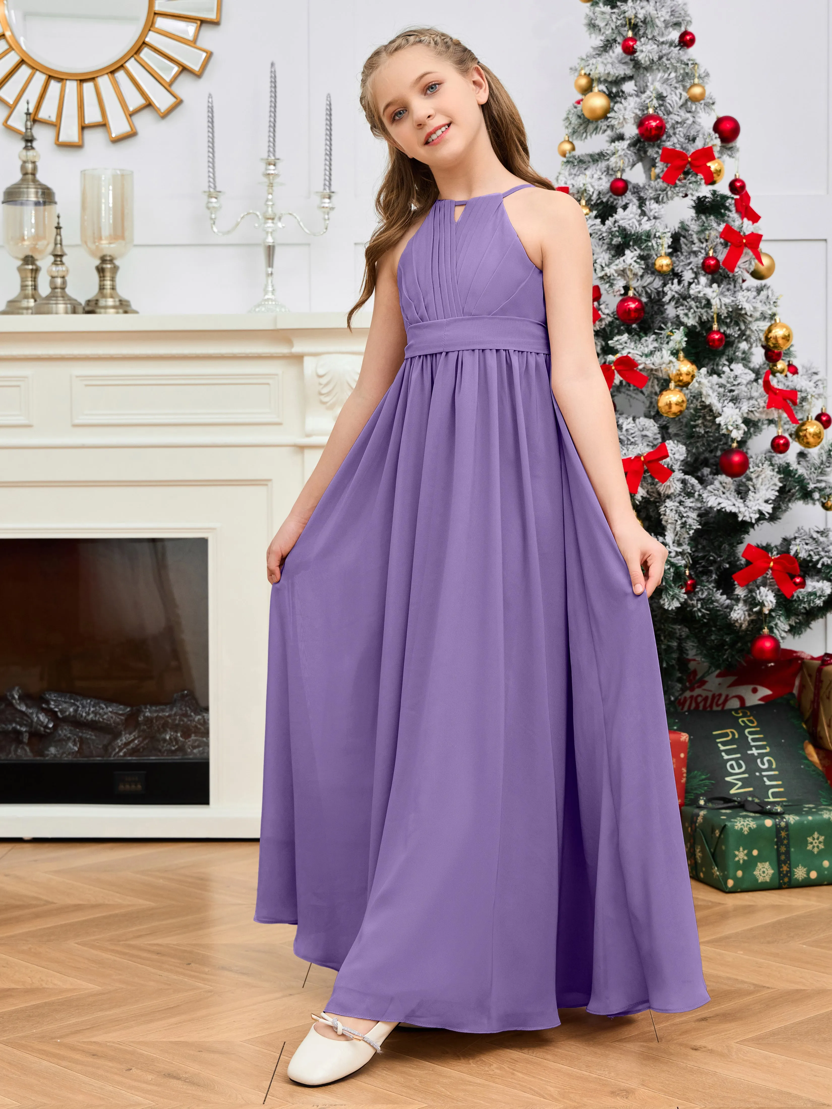 Jewel Zipper Back Long Chiffon Junior Bridesmaid Dress