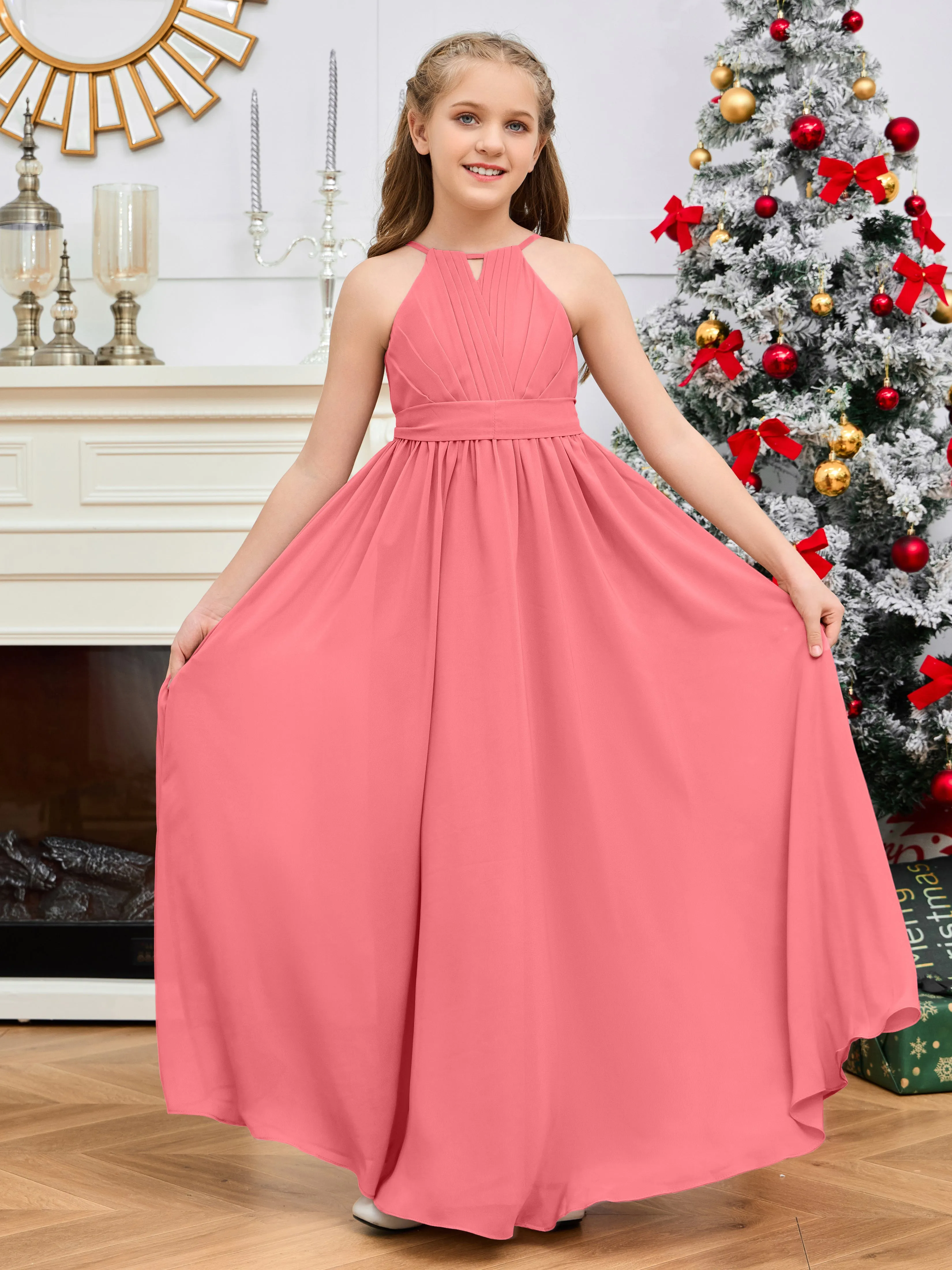 Jewel Zipper Back Long Chiffon Junior Bridesmaid Dress