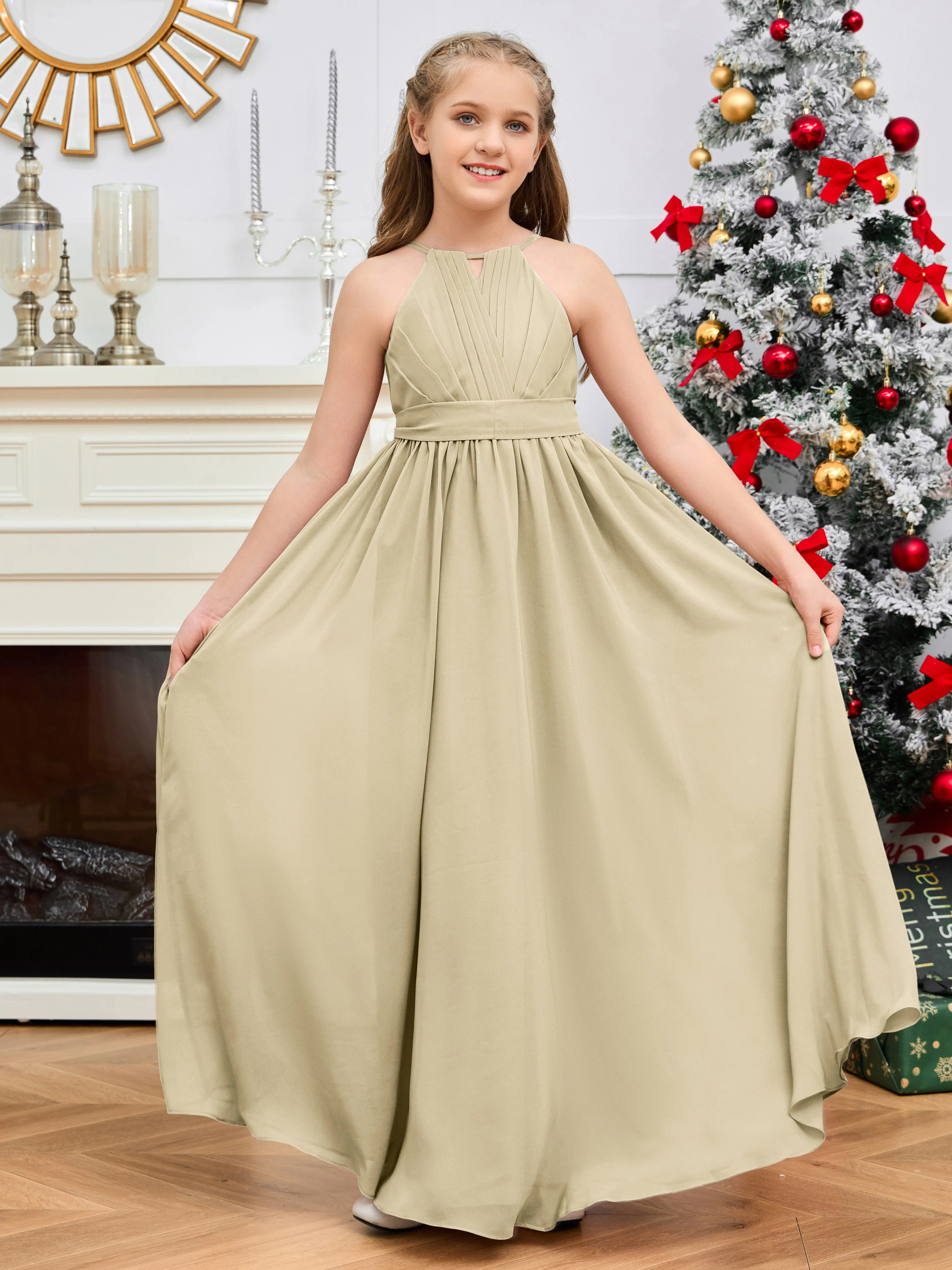 Jewel Zipper Back Long Chiffon Junior Bridesmaid Dress