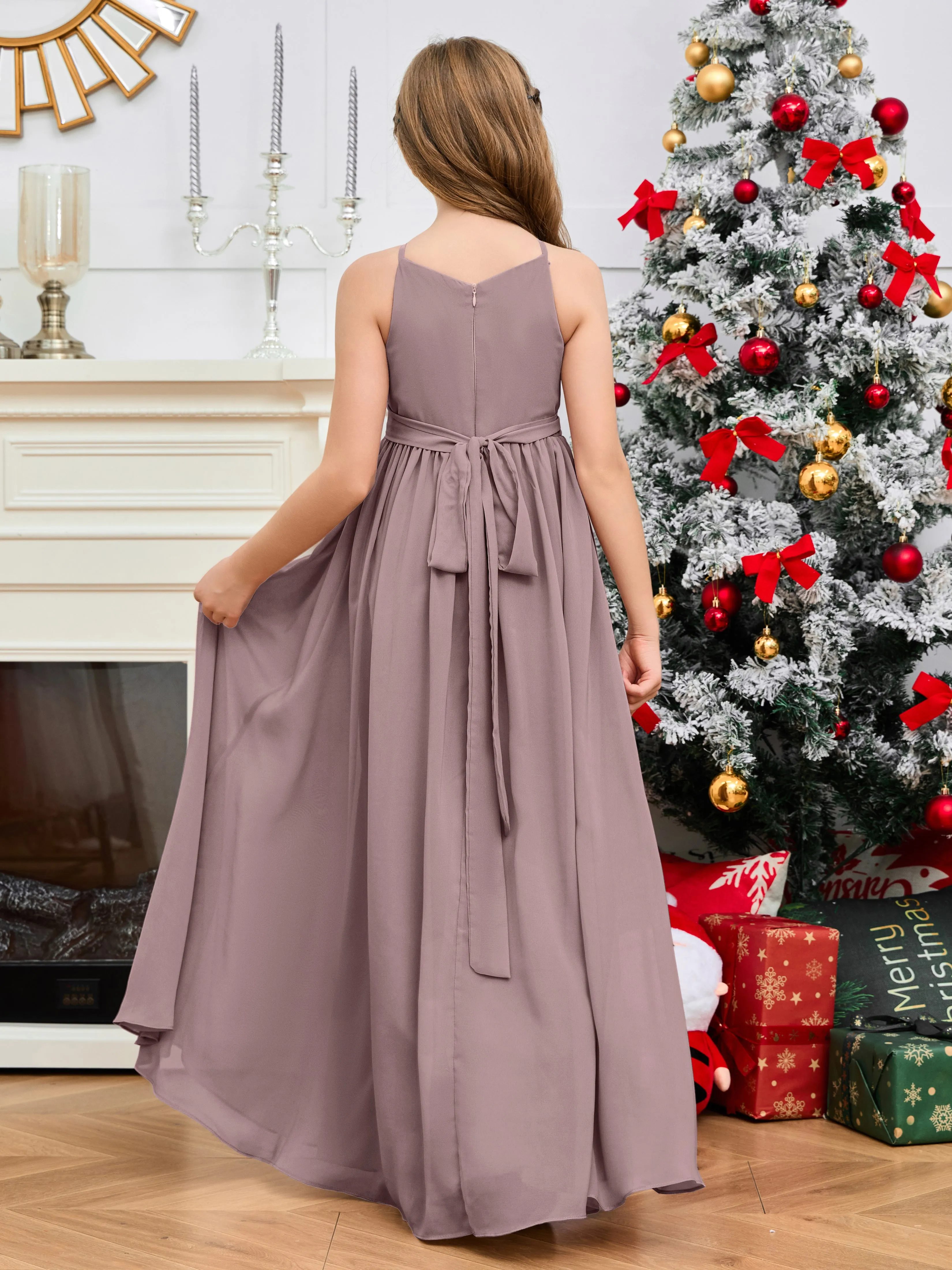 Jewel Zipper Back Long Chiffon Junior Bridesmaid Dress