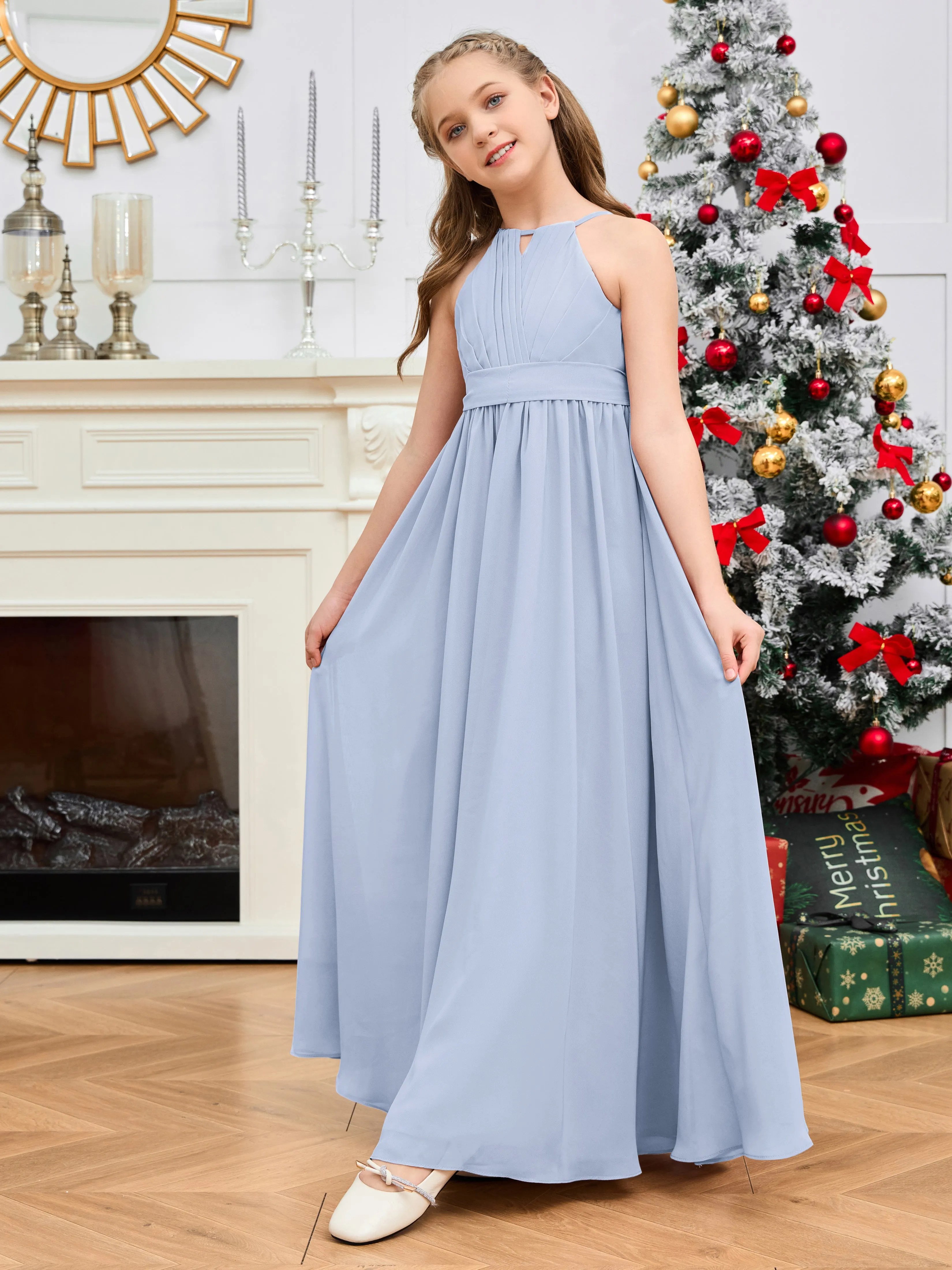 Jewel Zipper Back Long Chiffon Junior Bridesmaid Dress