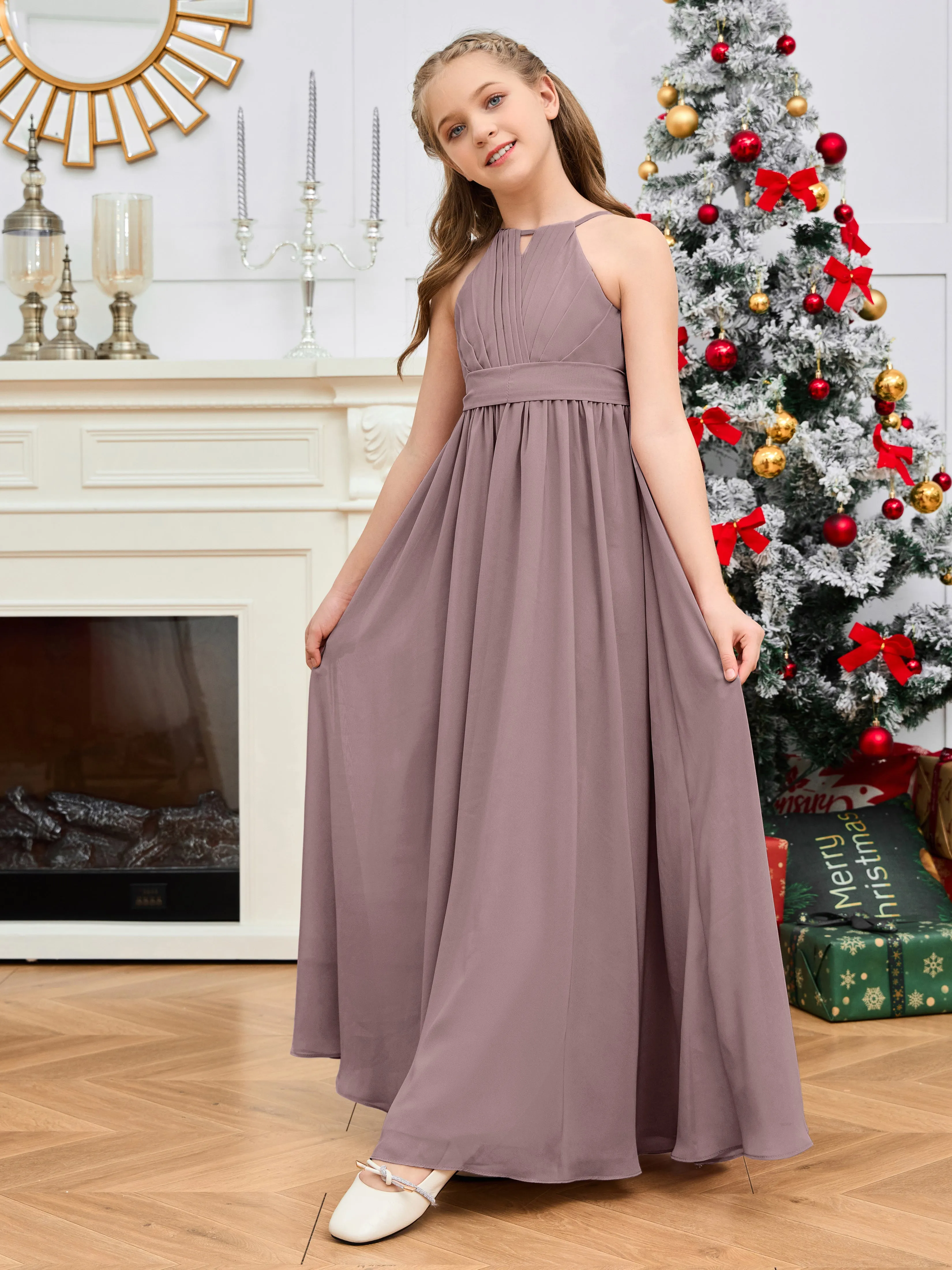 Jewel Zipper Back Long Chiffon Junior Bridesmaid Dress