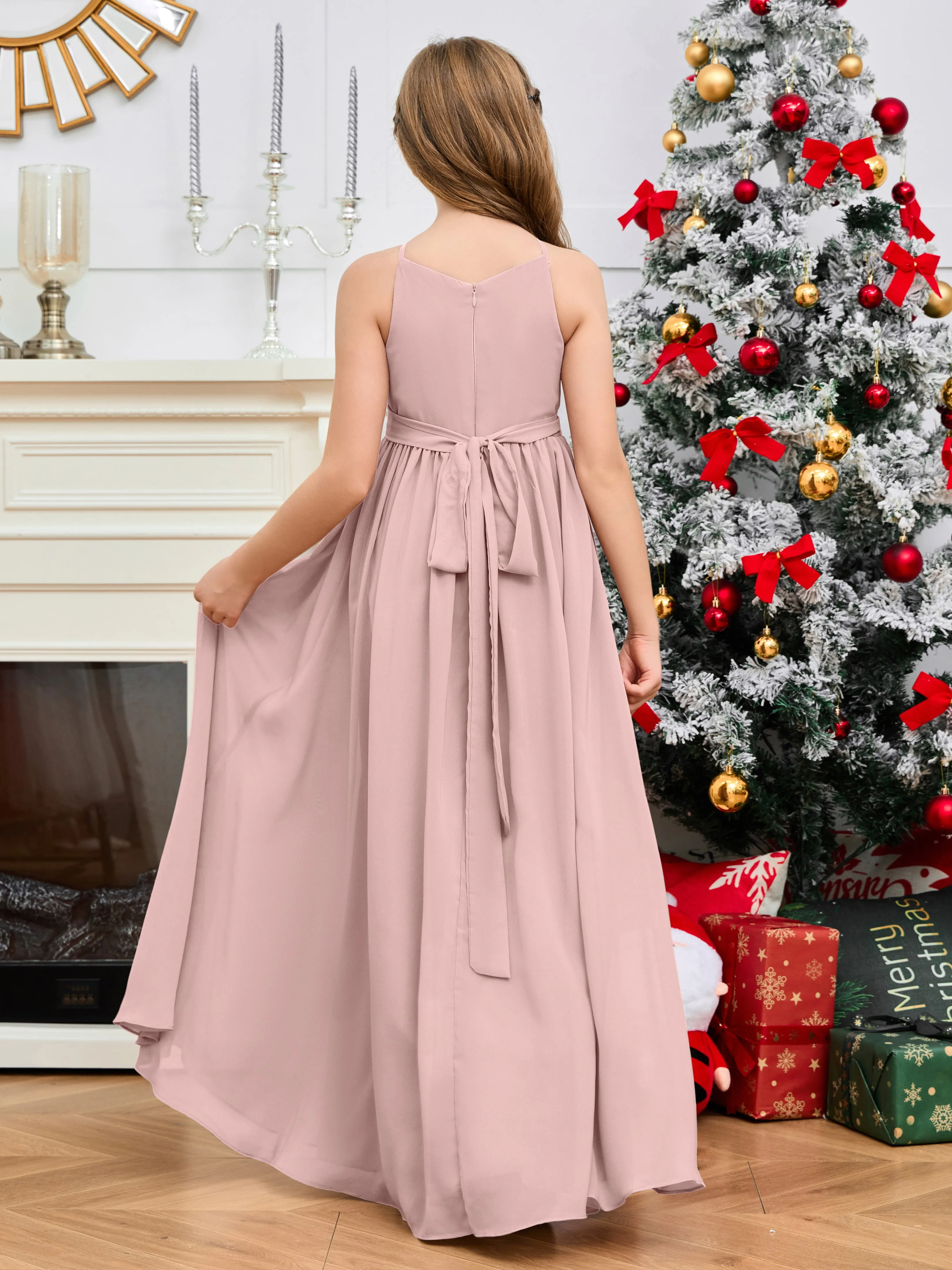 Jewel Zipper Back Long Chiffon Junior Bridesmaid Dress