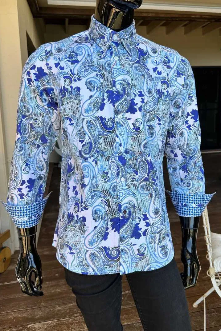 JOHN LENNON Mens Wigan Long Sleeve Paisley Shirt - Blue