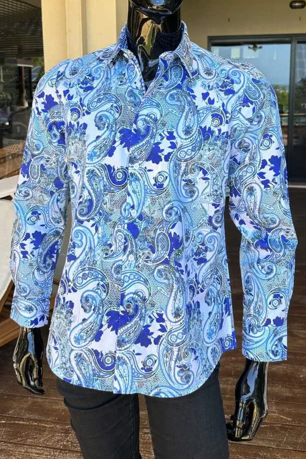 JOHN LENNON Mens Wigan Long Sleeve Paisley Shirt - Blue