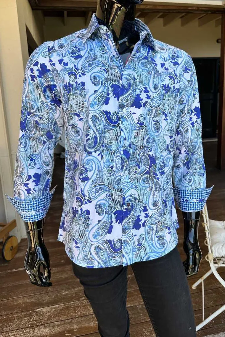 JOHN LENNON Mens Wigan Long Sleeve Paisley Shirt - Blue