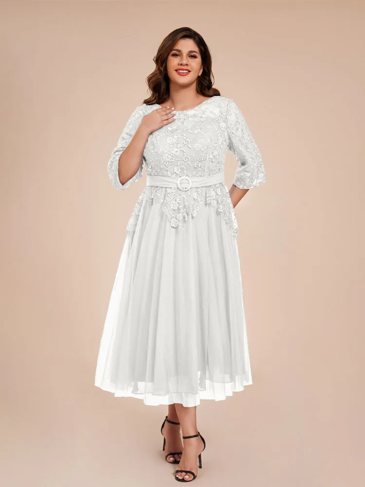 Lace Bodice 3/4 Length Sleeves Tea-Length Chiffon Mother Of The Bride Dress With Belt