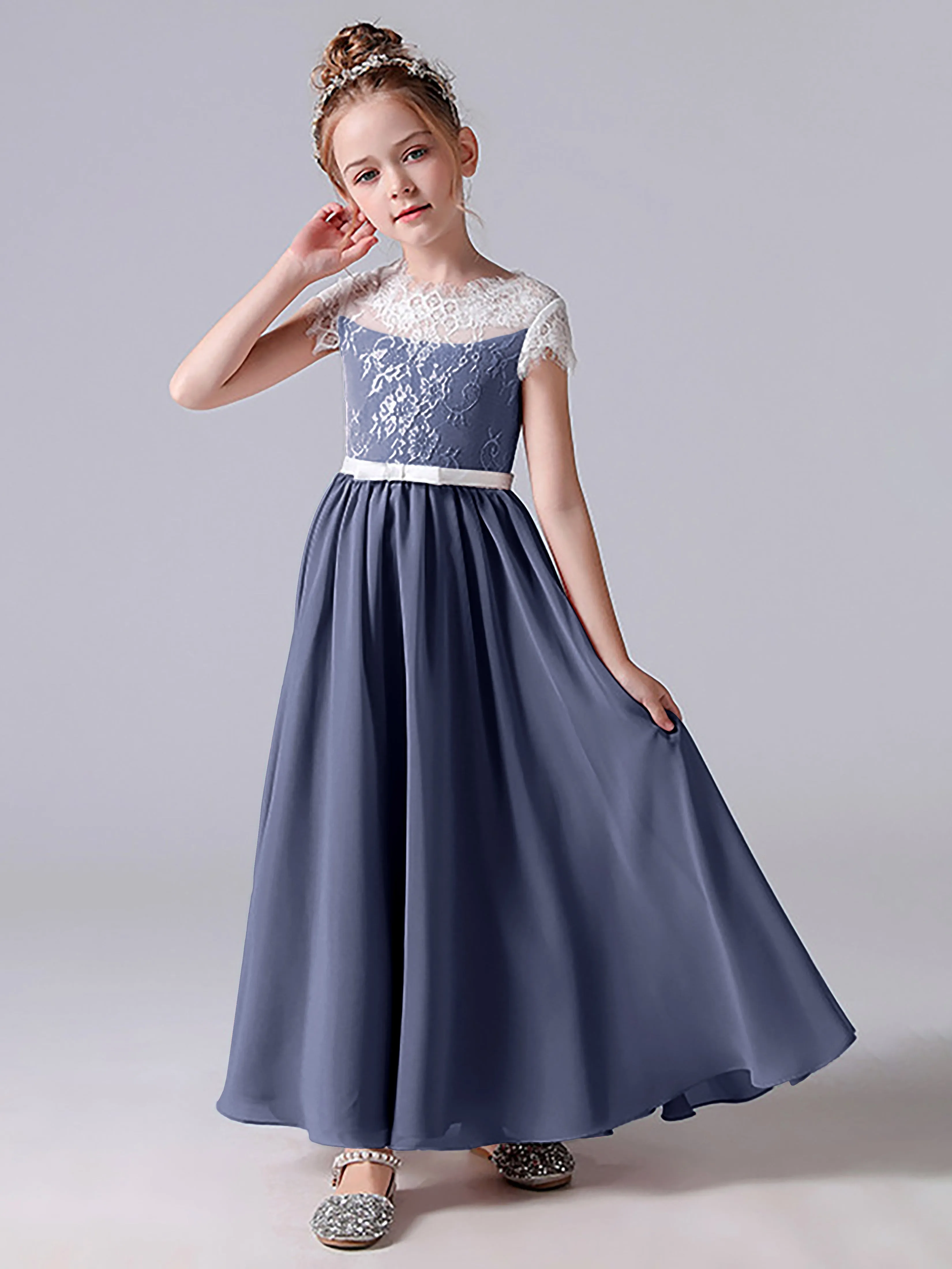 Lace Scoop Junior Bridesmaid Dress with Sleeves