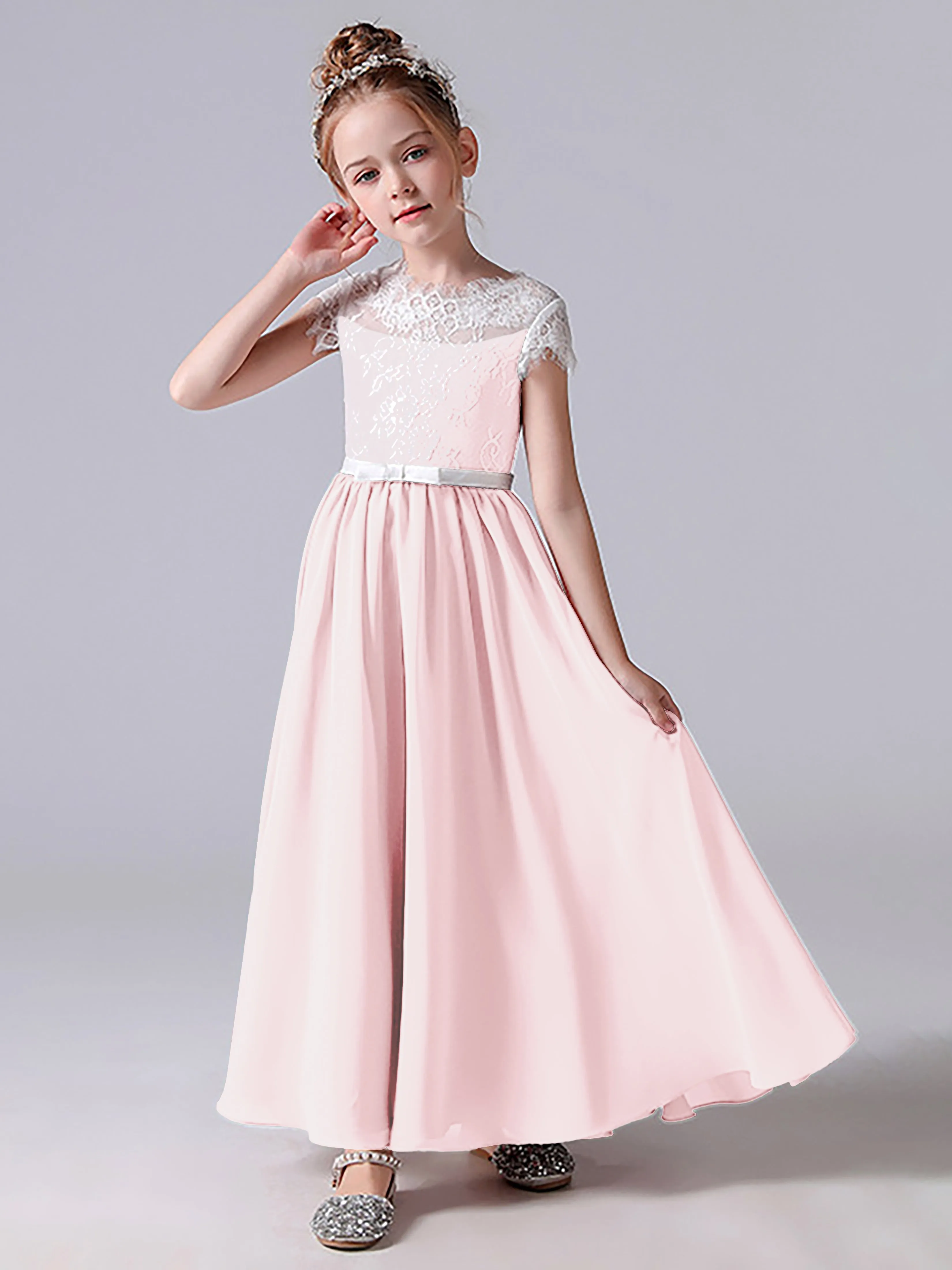 Lace Scoop Junior Bridesmaid Dress with Sleeves