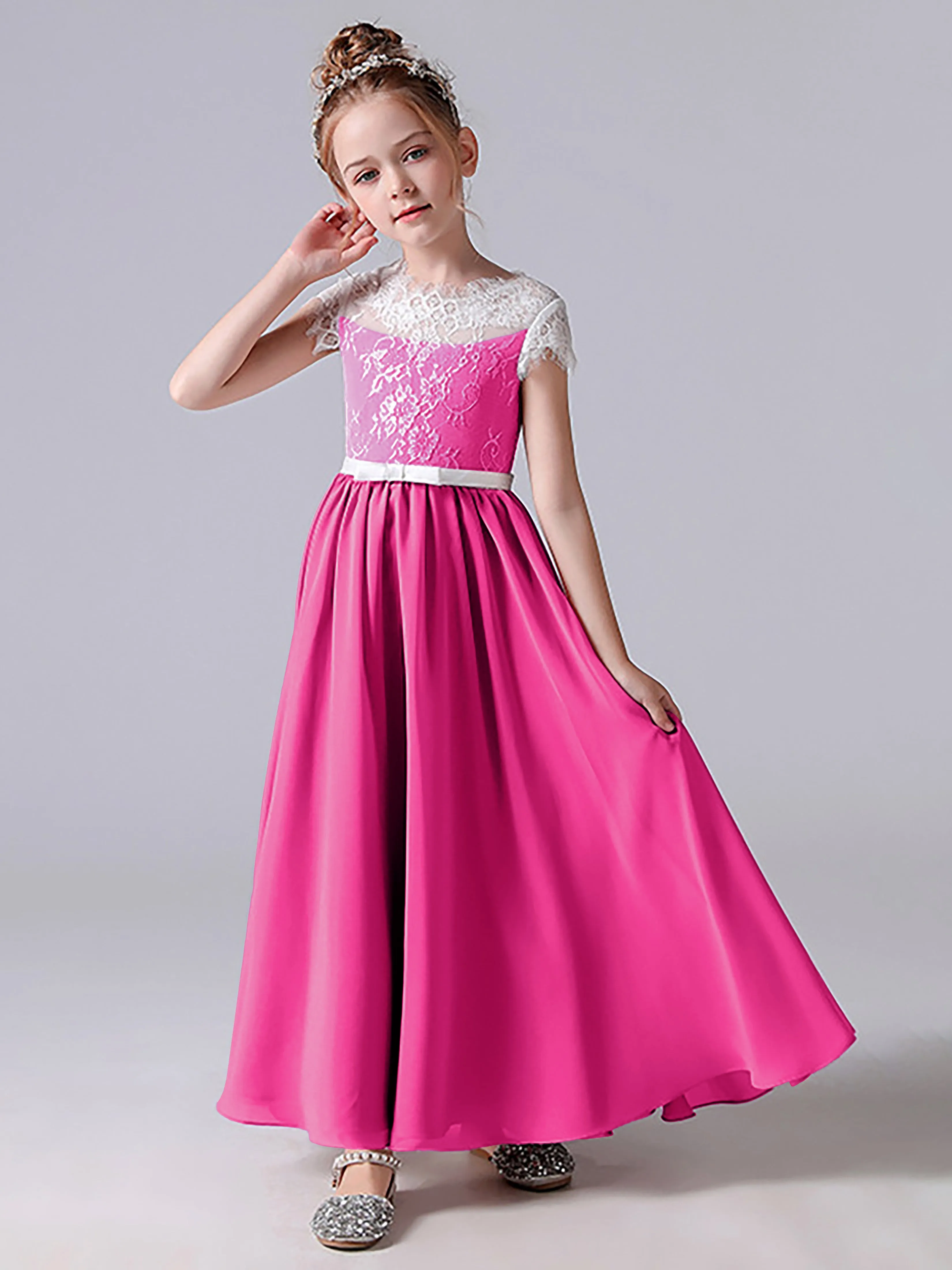 Lace Scoop Junior Bridesmaid Dress with Sleeves