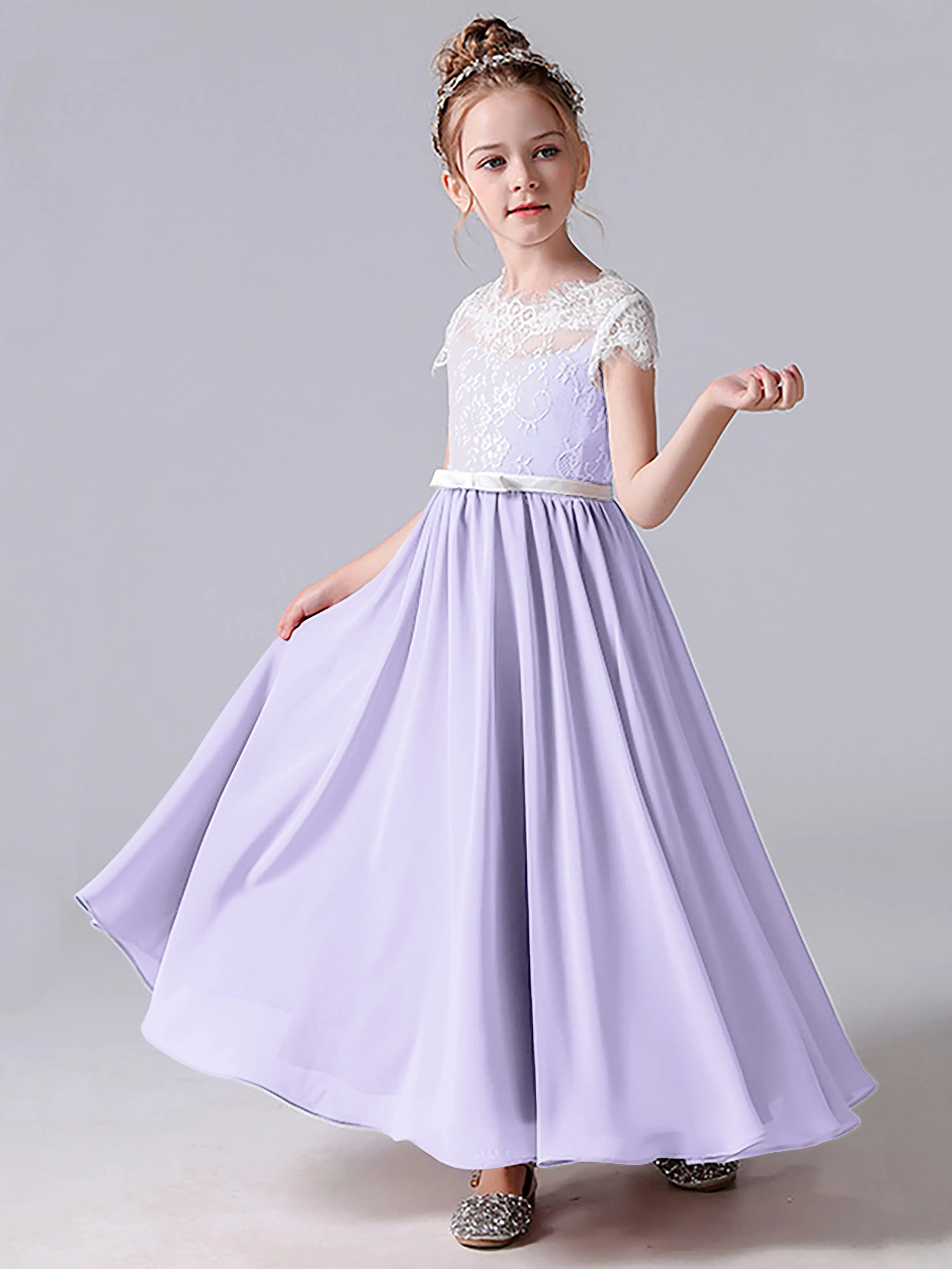 Lace Scoop Junior Bridesmaid Dress with Sleeves