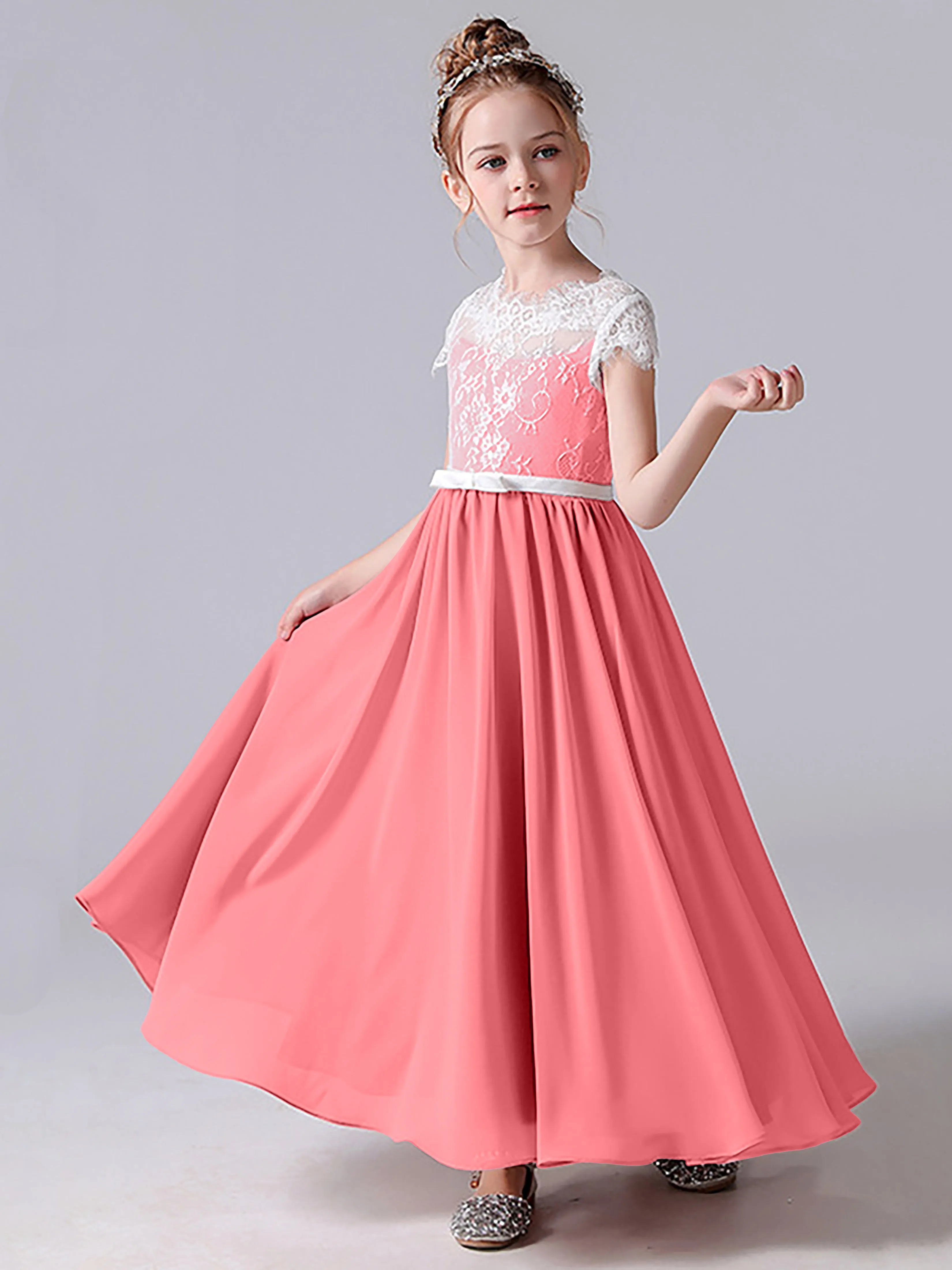 Lace Scoop Junior Bridesmaid Dress with Sleeves