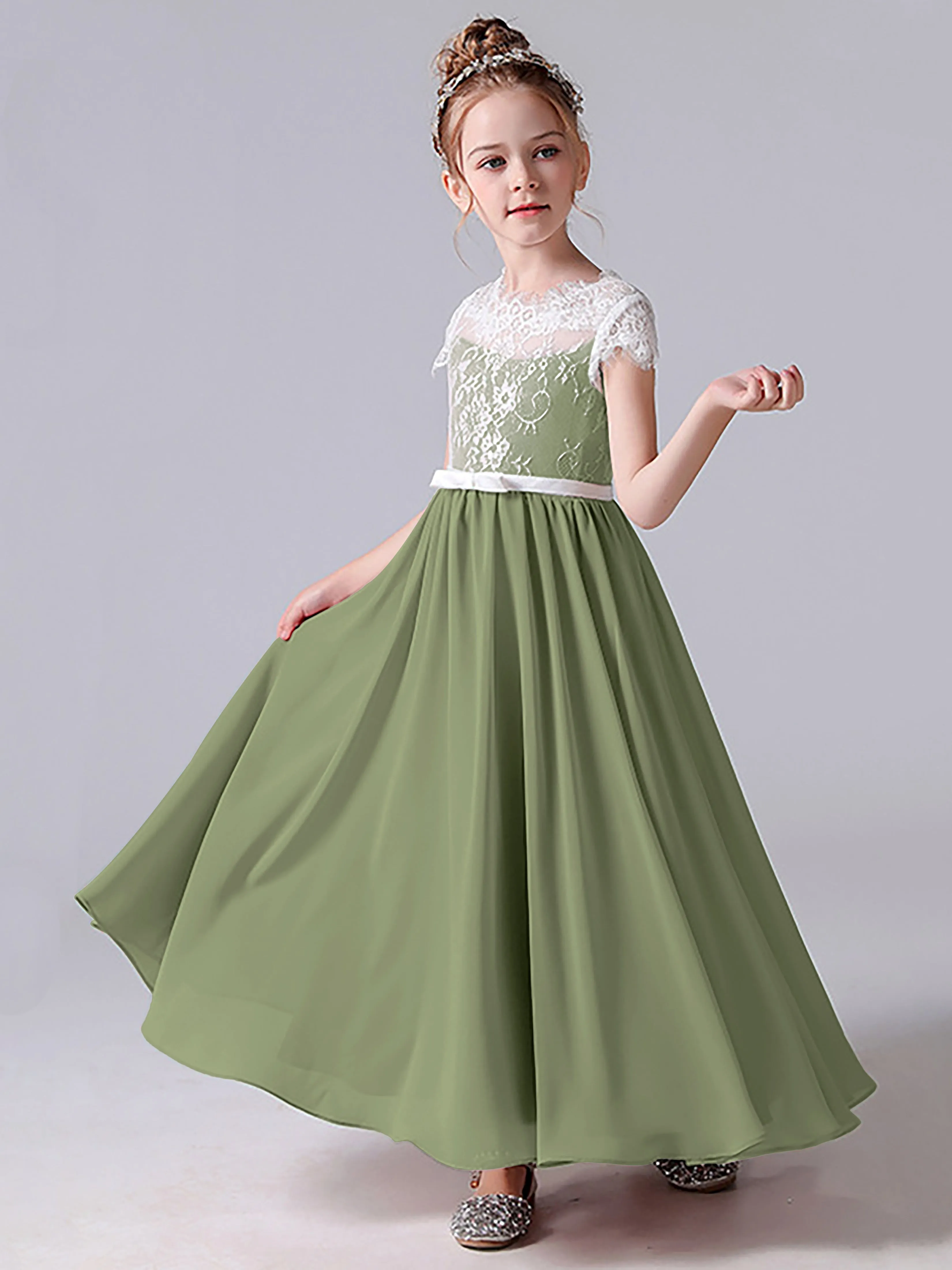 Lace Scoop Junior Bridesmaid Dress with Sleeves