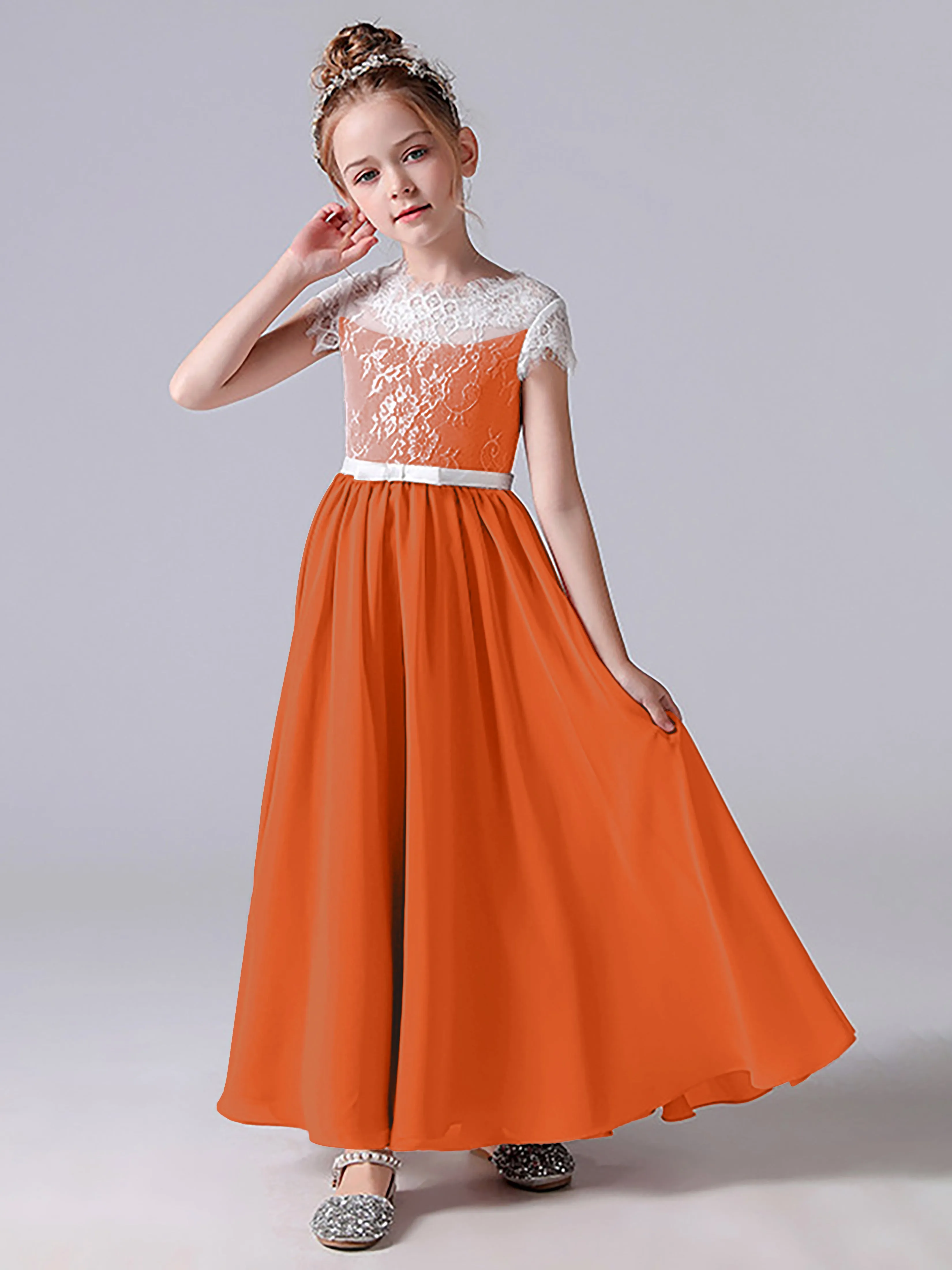 Lace Scoop Junior Bridesmaid Dress with Sleeves