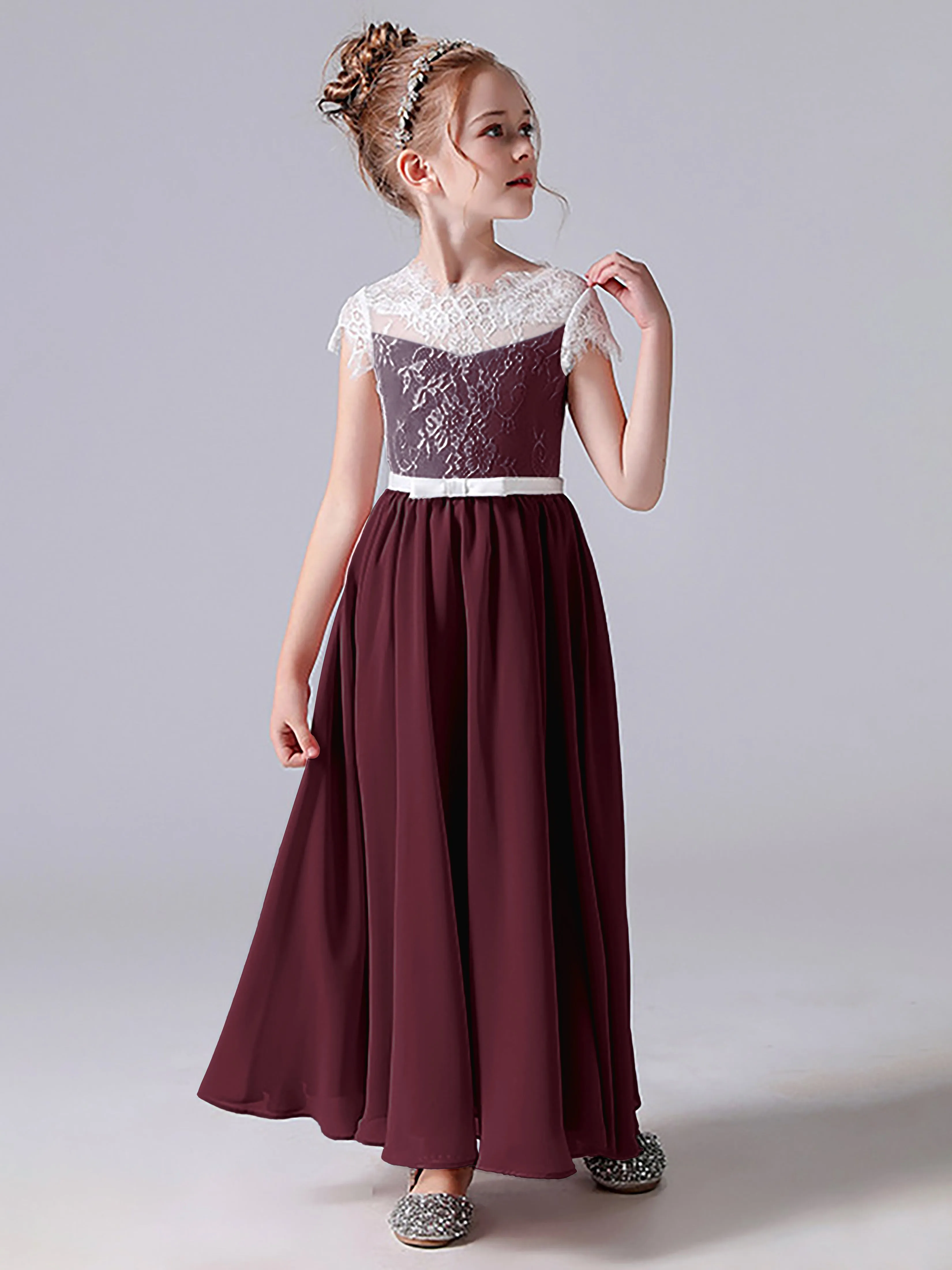 Lace Scoop Junior Bridesmaid Dress with Sleeves