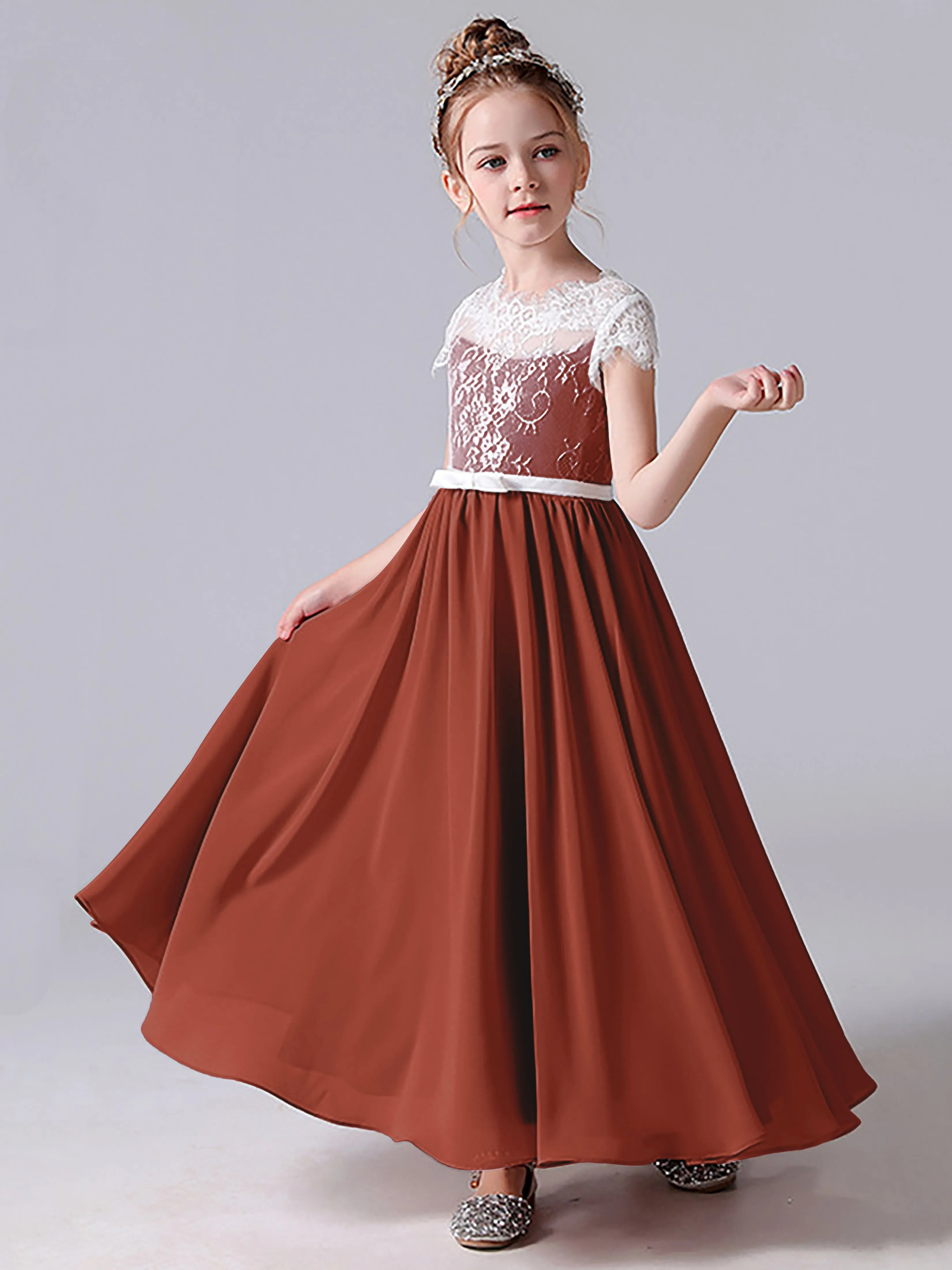 Lace Scoop Junior Bridesmaid Dress with Sleeves