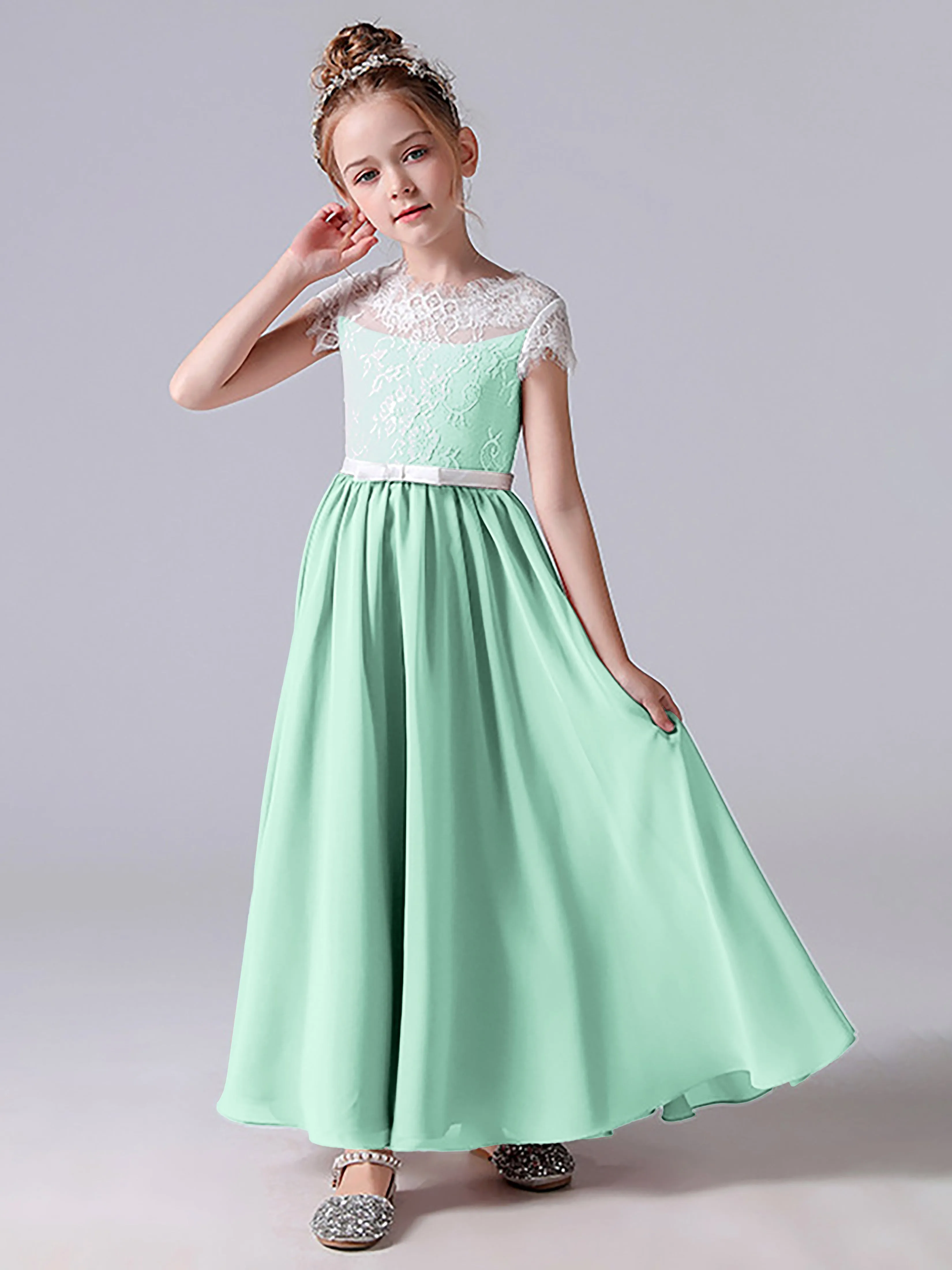 Lace Scoop Junior Bridesmaid Dress with Sleeves