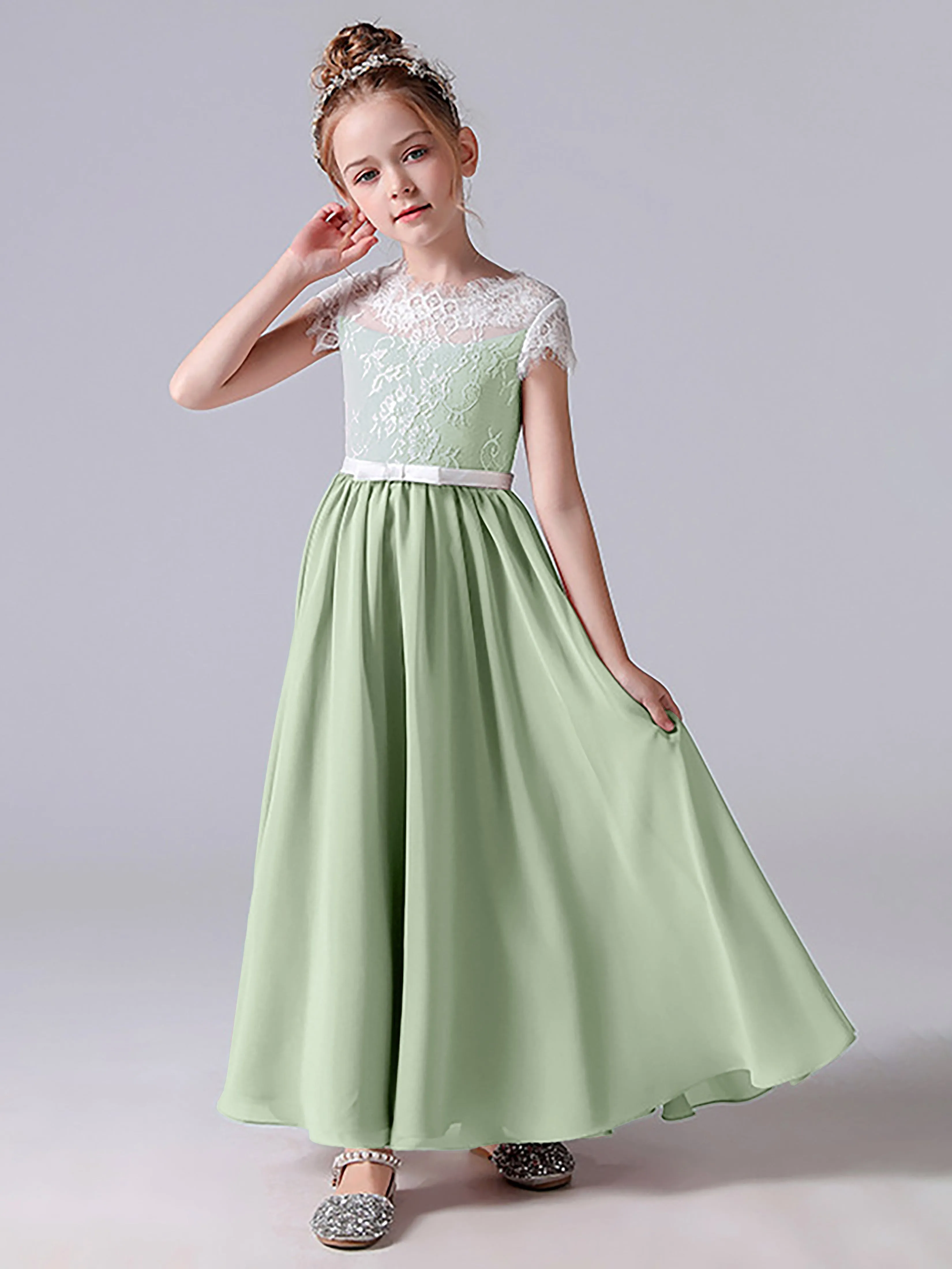 Lace Scoop Junior Bridesmaid Dress with Sleeves