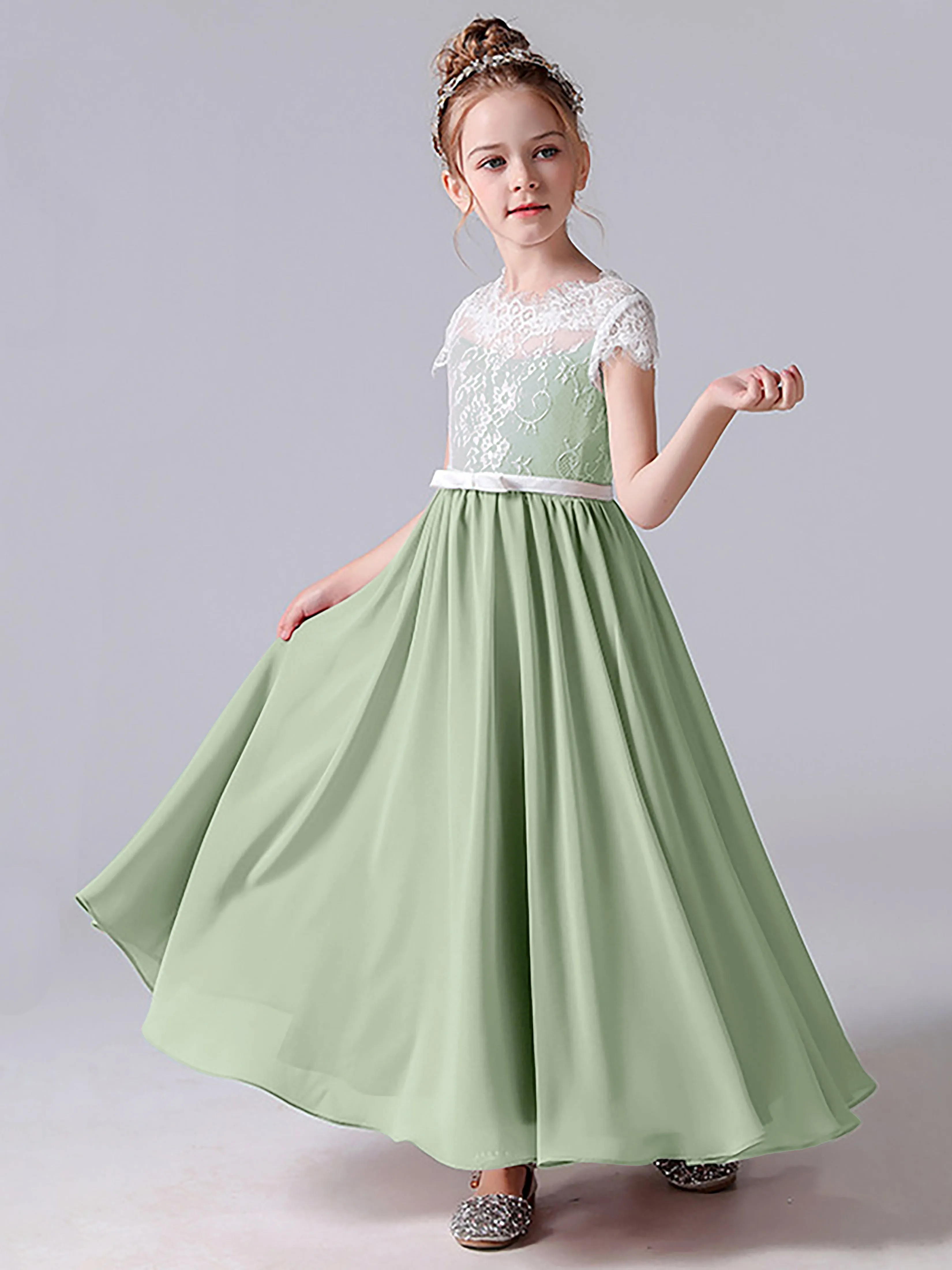 Lace Scoop Junior Bridesmaid Dress with Sleeves