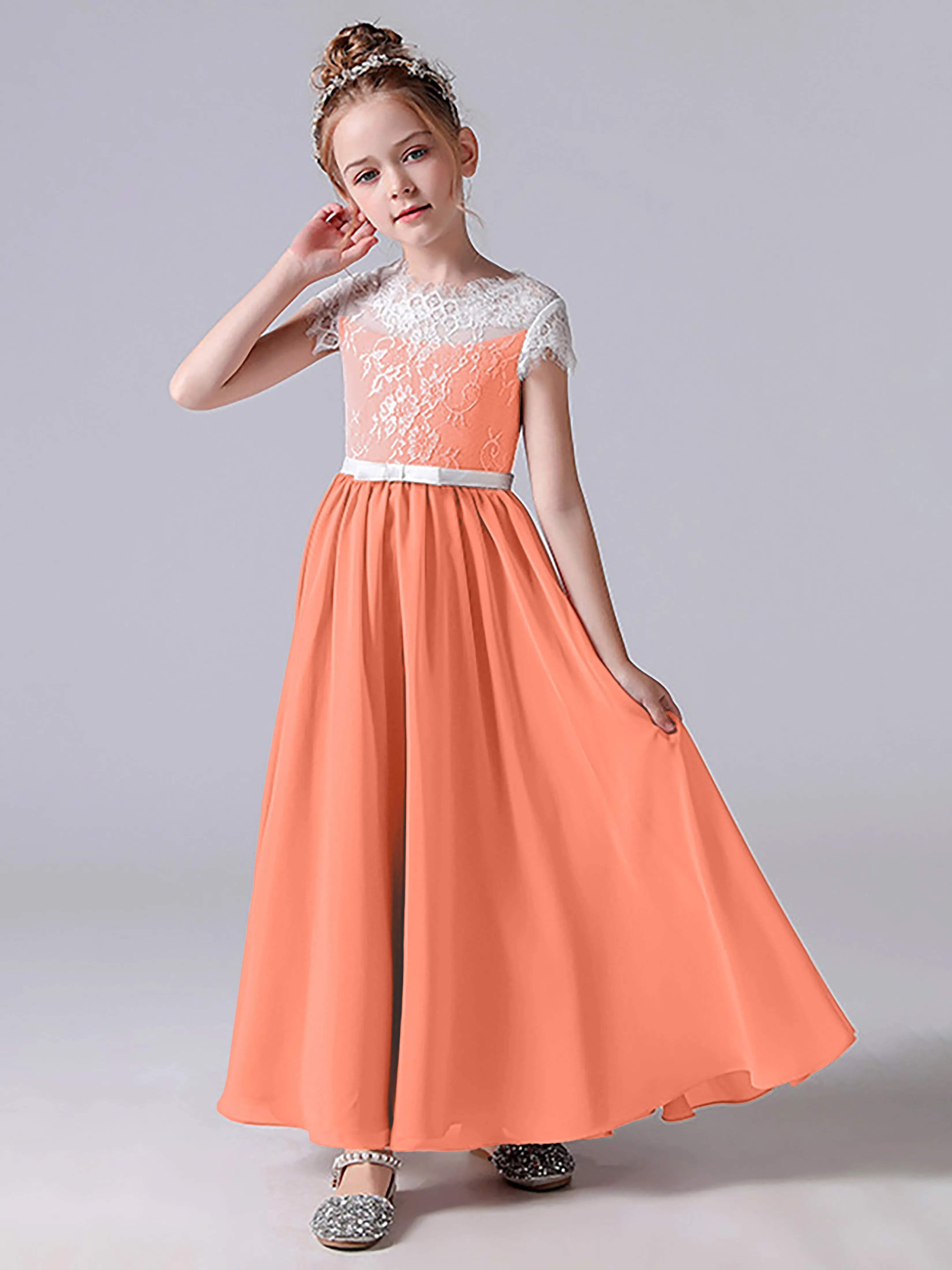 Lace Scoop Junior Bridesmaid Dress with Sleeves