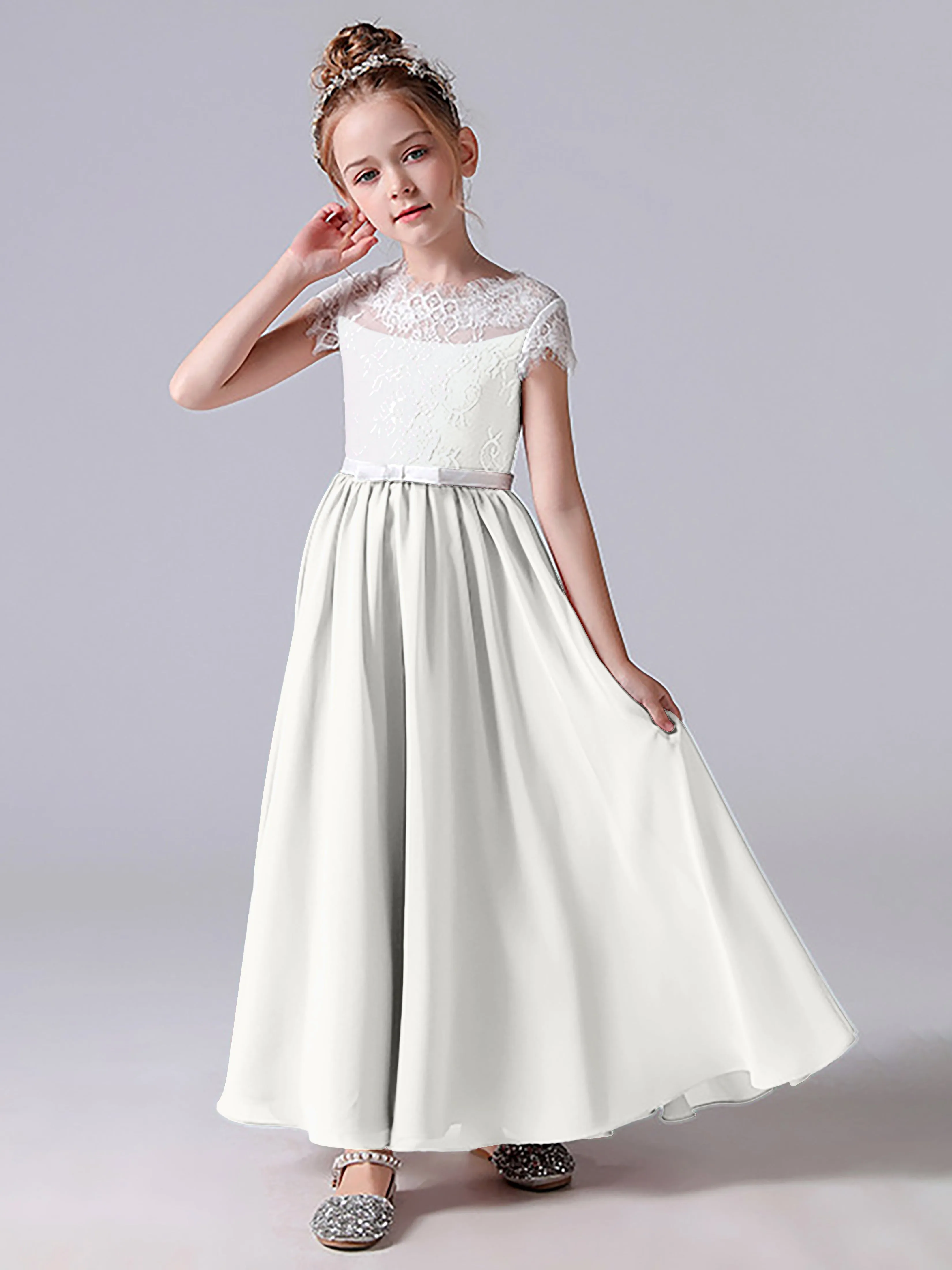 Lace Scoop Junior Bridesmaid Dress with Sleeves