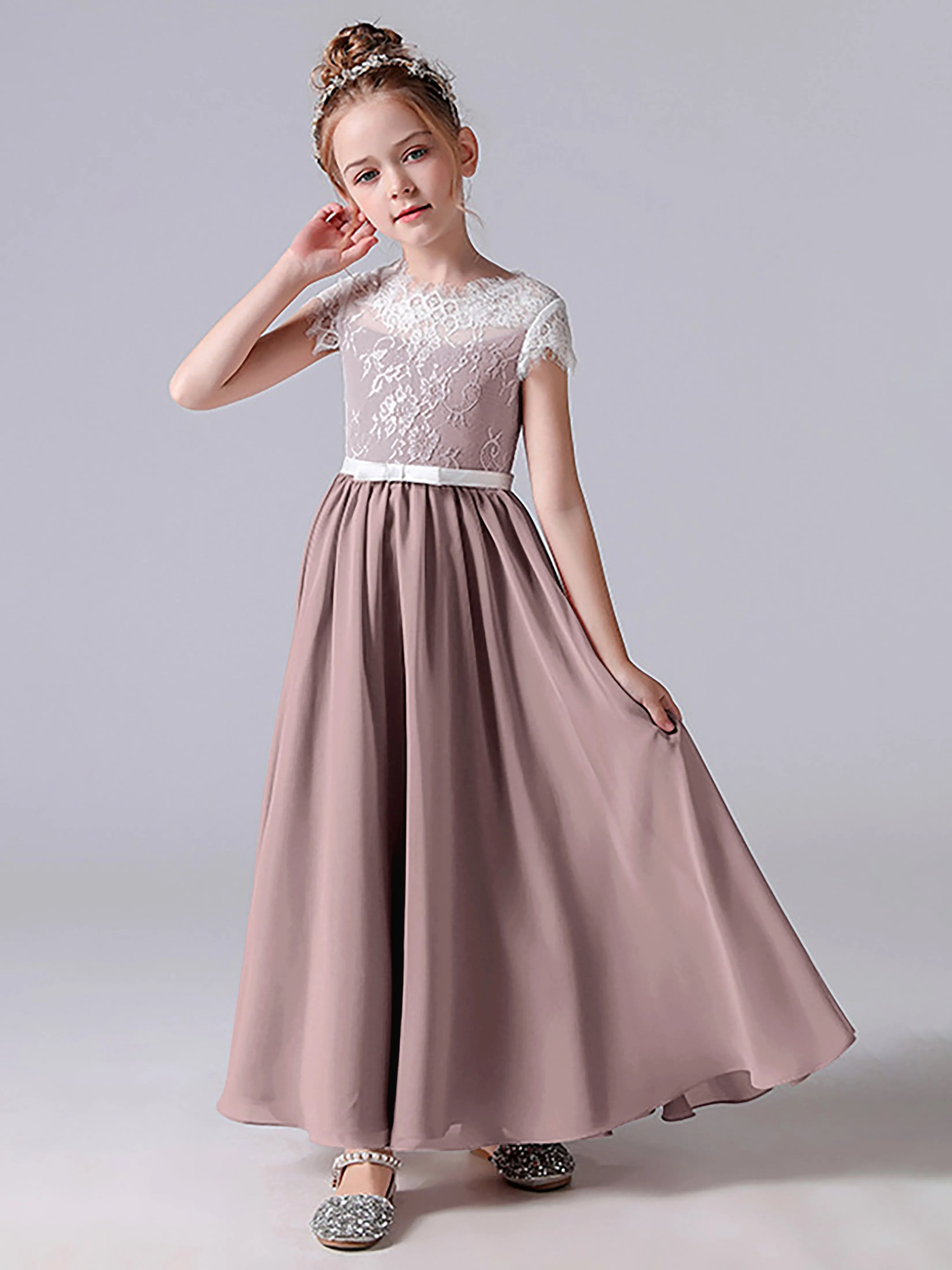 Lace Scoop Junior Bridesmaid Dress with Sleeves