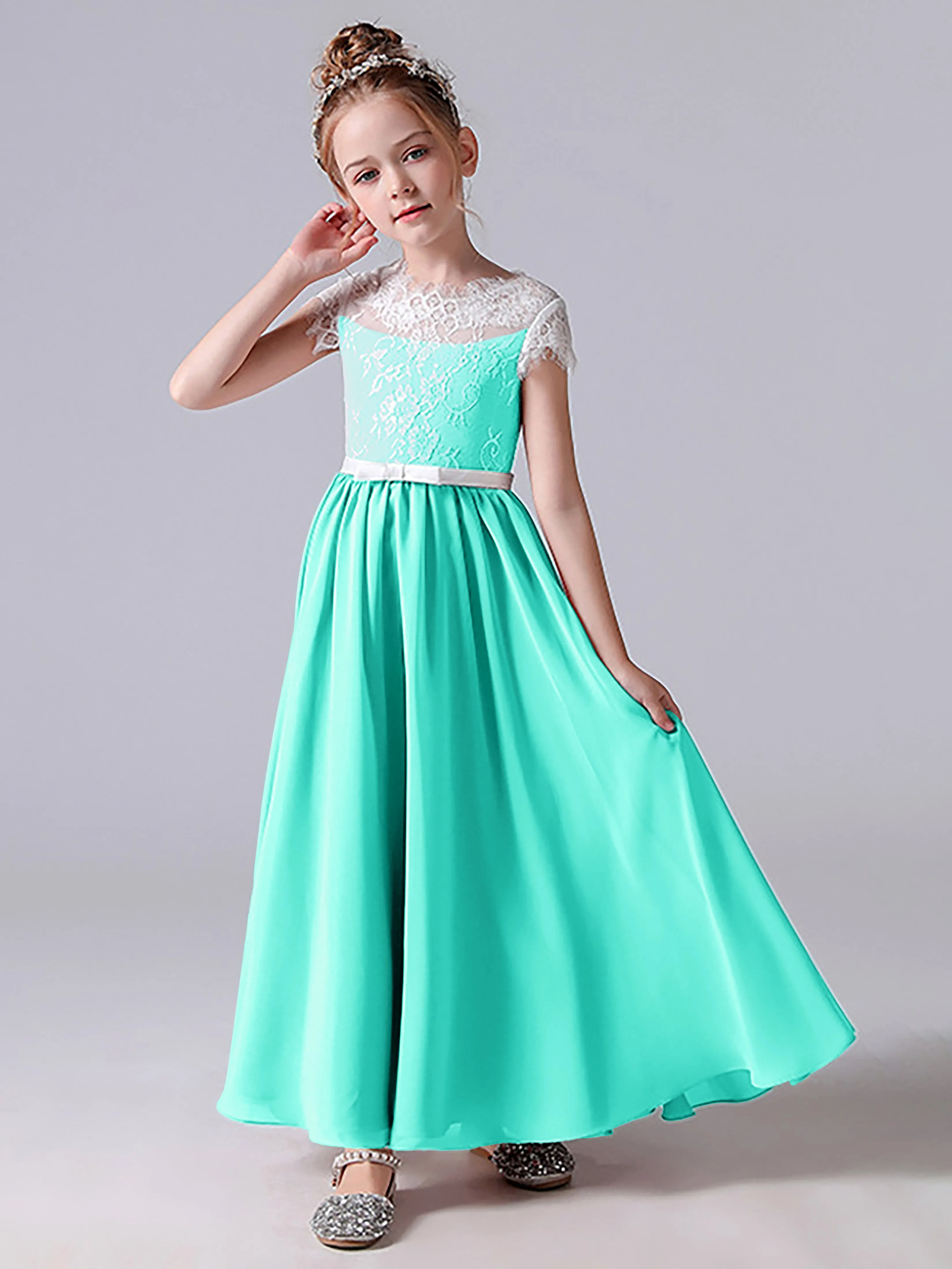 Lace Scoop Junior Bridesmaid Dress with Sleeves