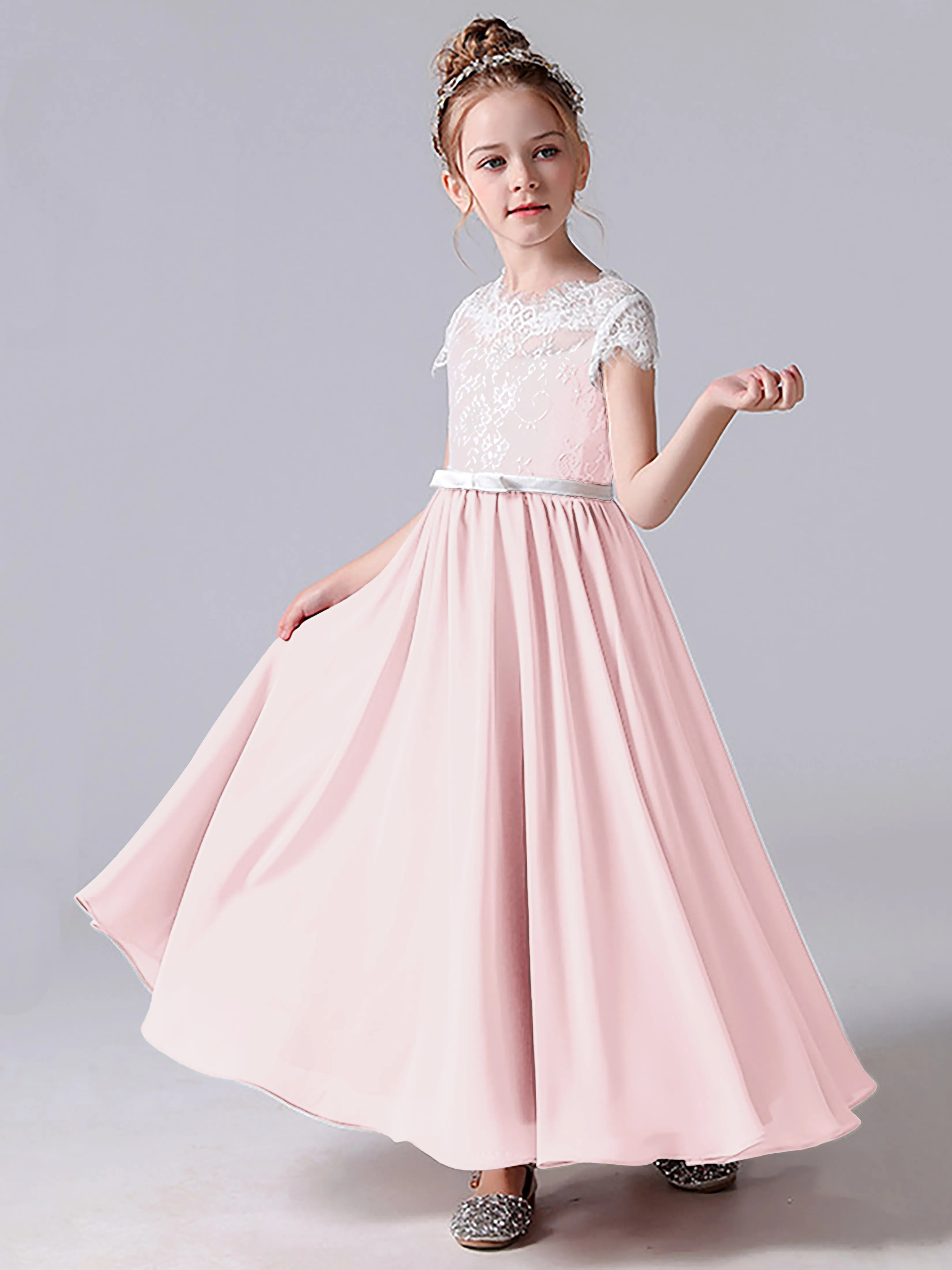 Lace Scoop Junior Bridesmaid Dress with Sleeves