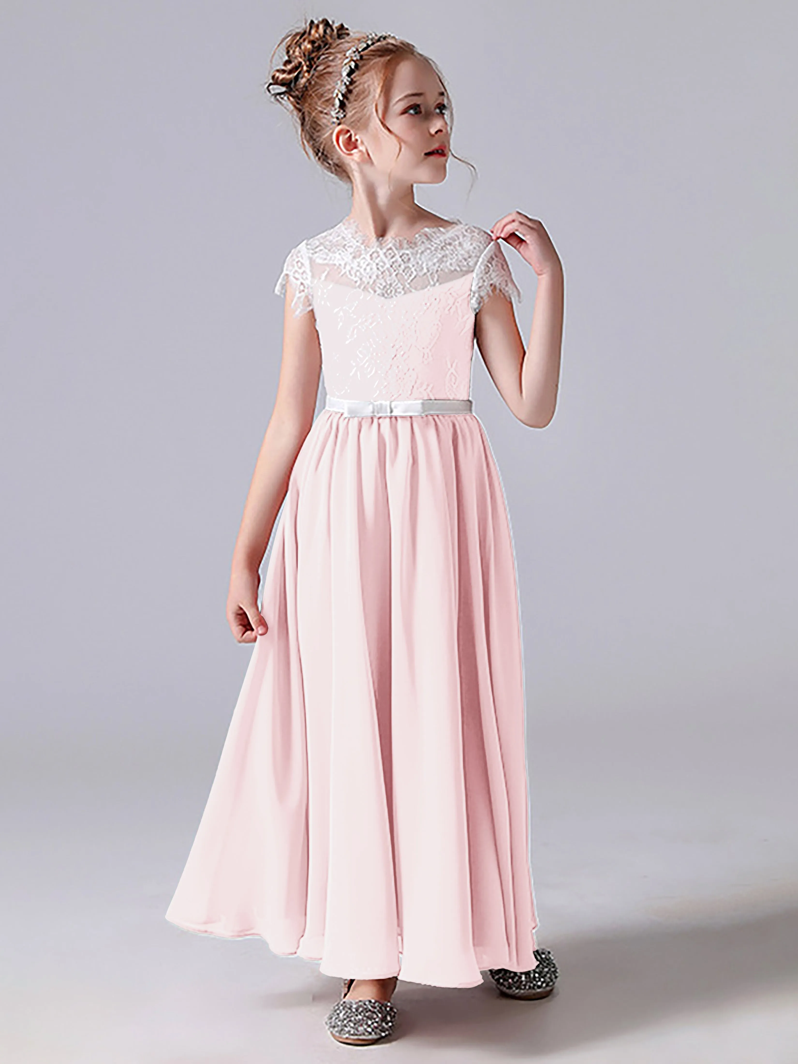 Lace Scoop Junior Bridesmaid Dress with Sleeves