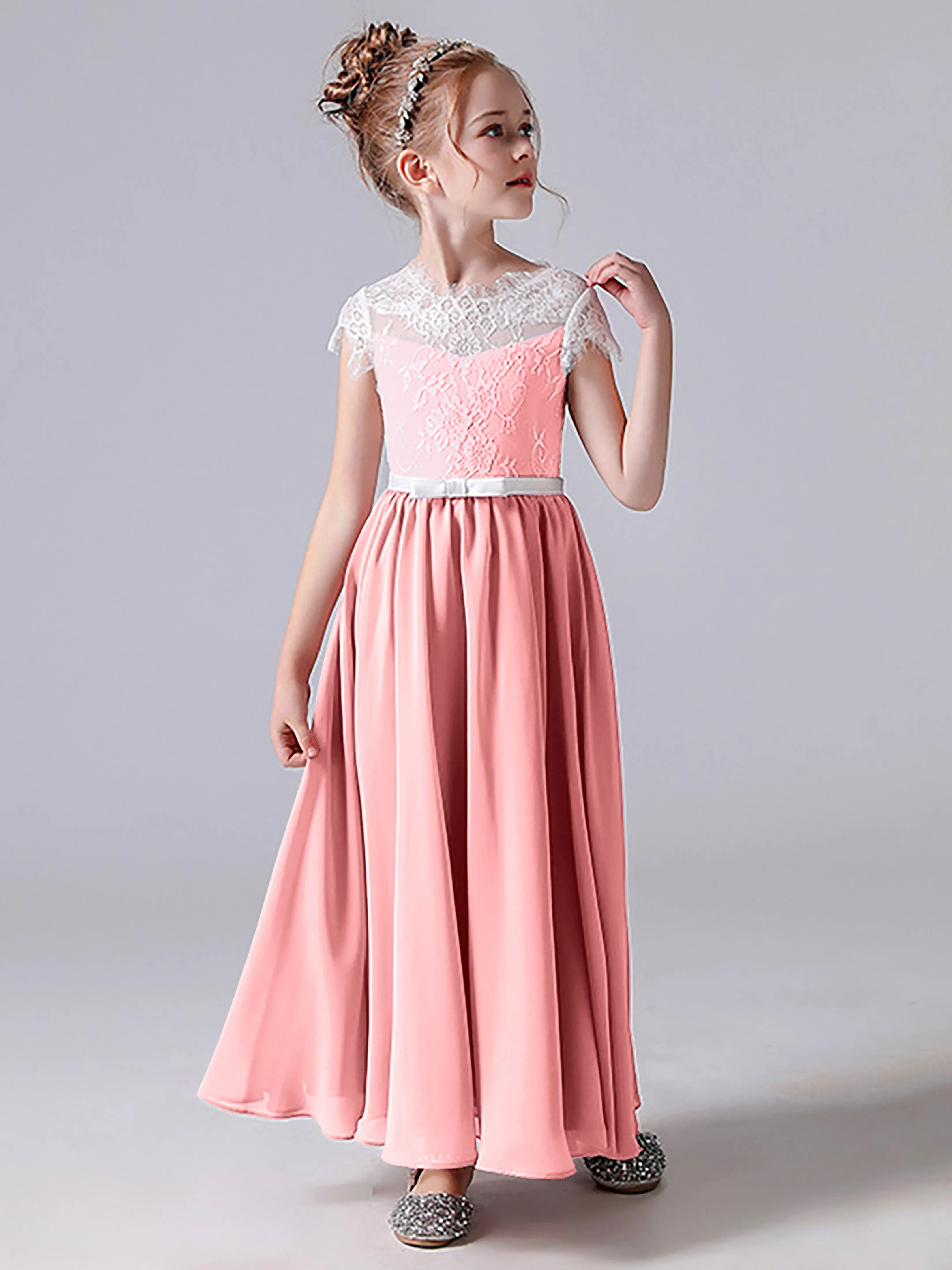 Lace Scoop Junior Bridesmaid Dress with Sleeves